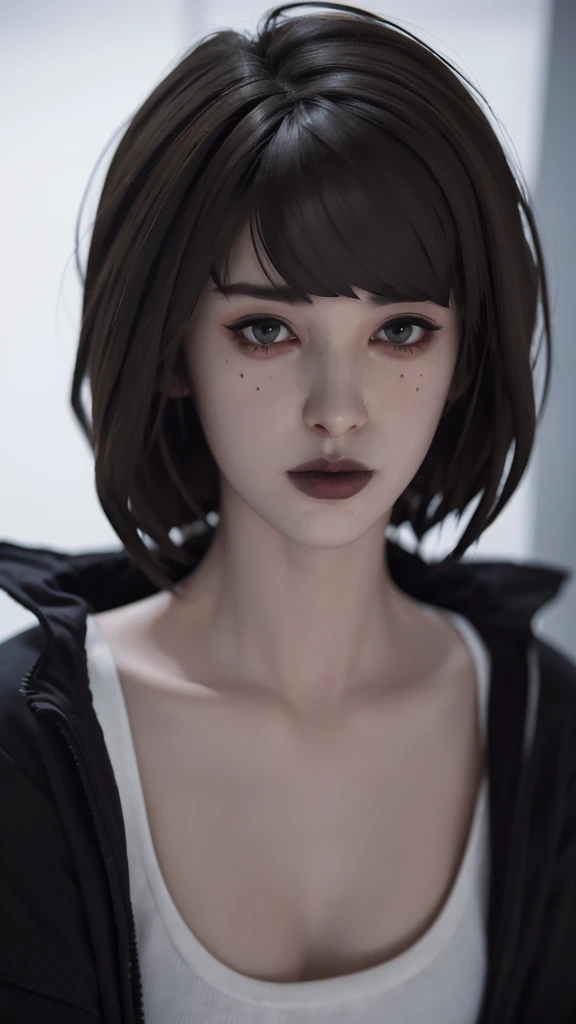 Maxine Caufield, 1-person,, black lipstick, eyeliner, black lips, natural lighting, black lips, sweatshirt, sweetheart, (Photorealistic:1.3), Raw Photo, Ultra High Resolution, 1 Girl, Portrait, Global Illumination, Shadows, 8K Ultra Sharp, Cleavage Exposed Raw Skin, Metal, Realistic Lighting, depressed face.