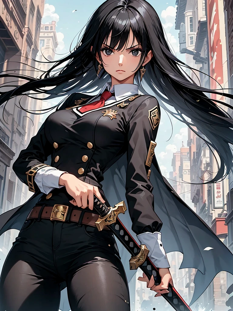  1 girl,  black hair, cool, Man-hating, Sword in hand, スcoolユニフォーム, Character portrait, uniform,  deco bangs, 