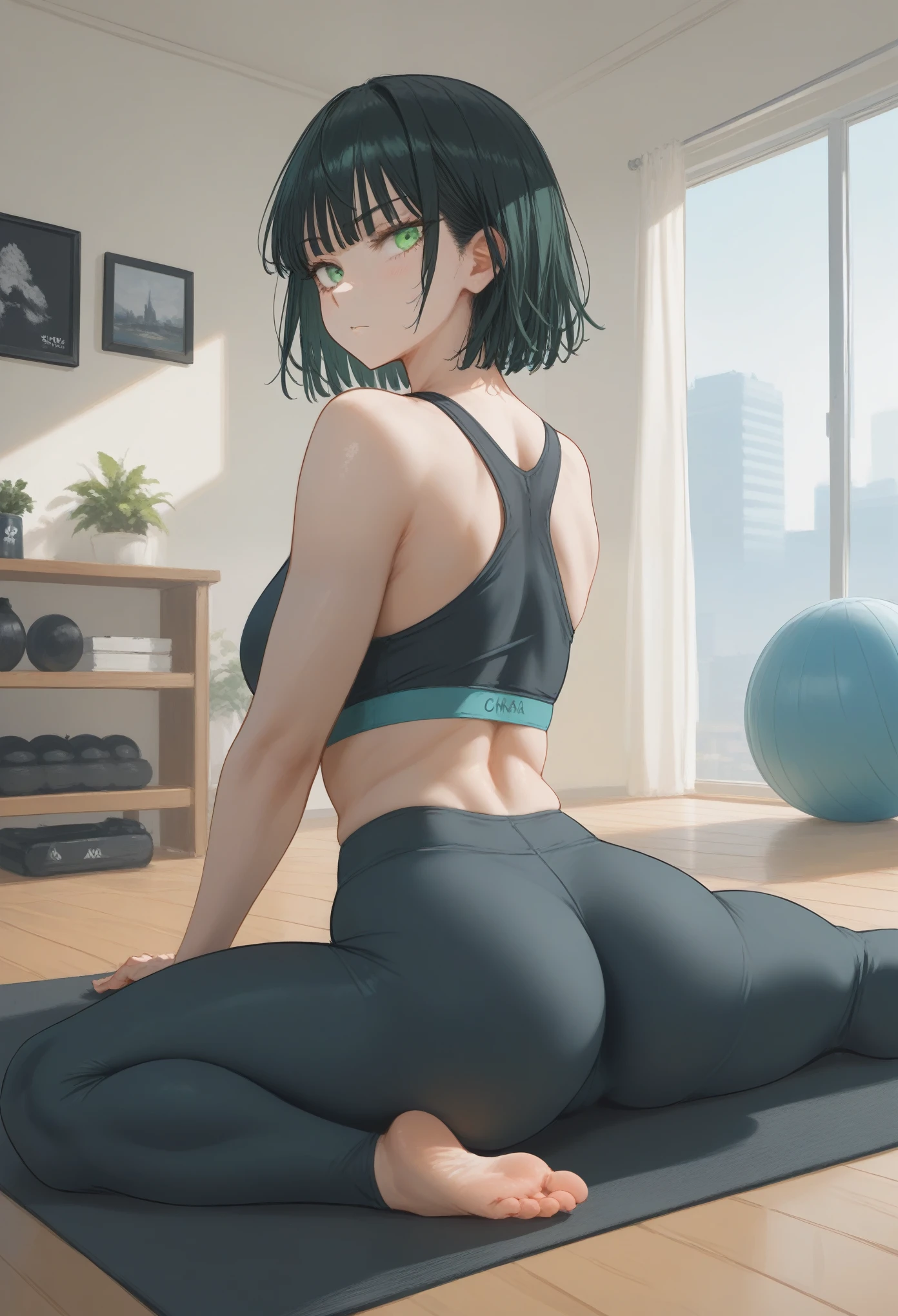 score_9, score_8_up, score_7_up, score_6_up, score_5_up, score_4_up, 1girl, solo, curvy, fubuki (one-punch man), green eyes, black hair, bob cut, sports bra, black yoga pants, on floor, legs apart, stretching, ass focus, indoors, living room,