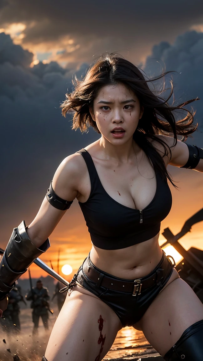 Create a scene of a chubby, curvy Thai female warrior in a fierce battle against a horde of zombies on an empty battlefield at dusk. The warrior's sword is gleaming and there are splashes of red oil around the battlefield, showing the intensity of the fight. The female warrior's face shows a firm and defiant expression while holding the zombie's head. In the background, the sun is setting with dark clouds rolling in, creating a dramatic and tense atmosphere.