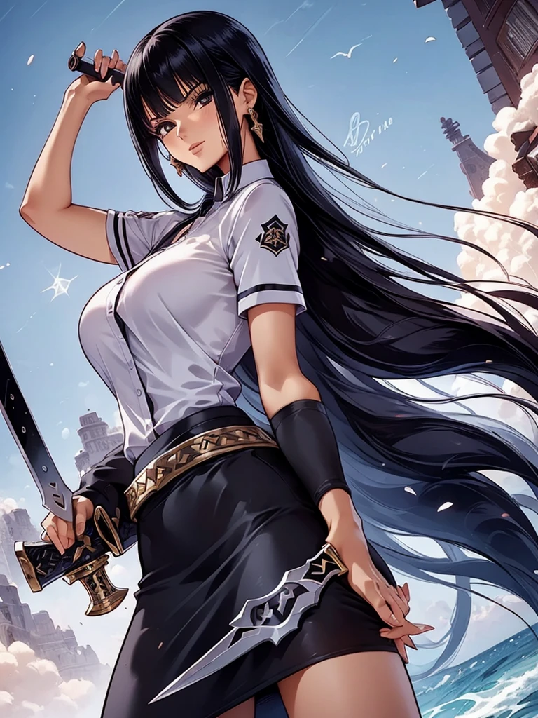  1 girl,  black hair, cool, Man-hating, Sword in hand, スcoolユニフォーム, Character portrait, uniform,  deco bangs, 