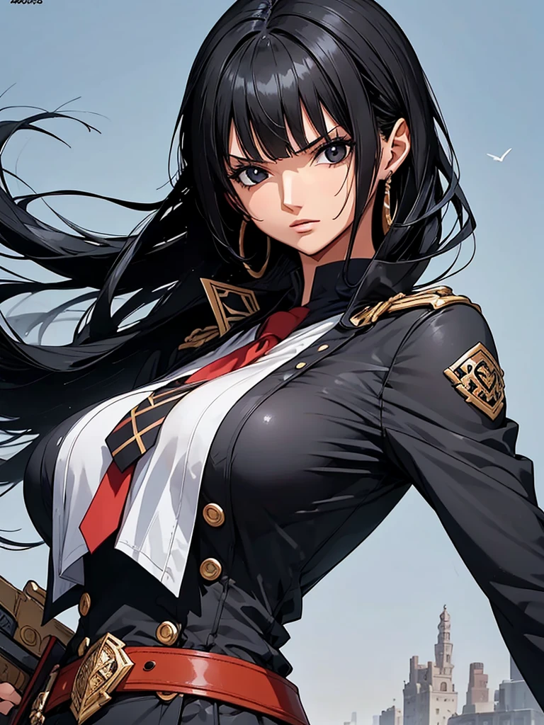  1 girl,  black hair, cool, Man-hating, Sword in hand, スcoolユニフォーム, Character portrait, uniform,  deco bangs, 