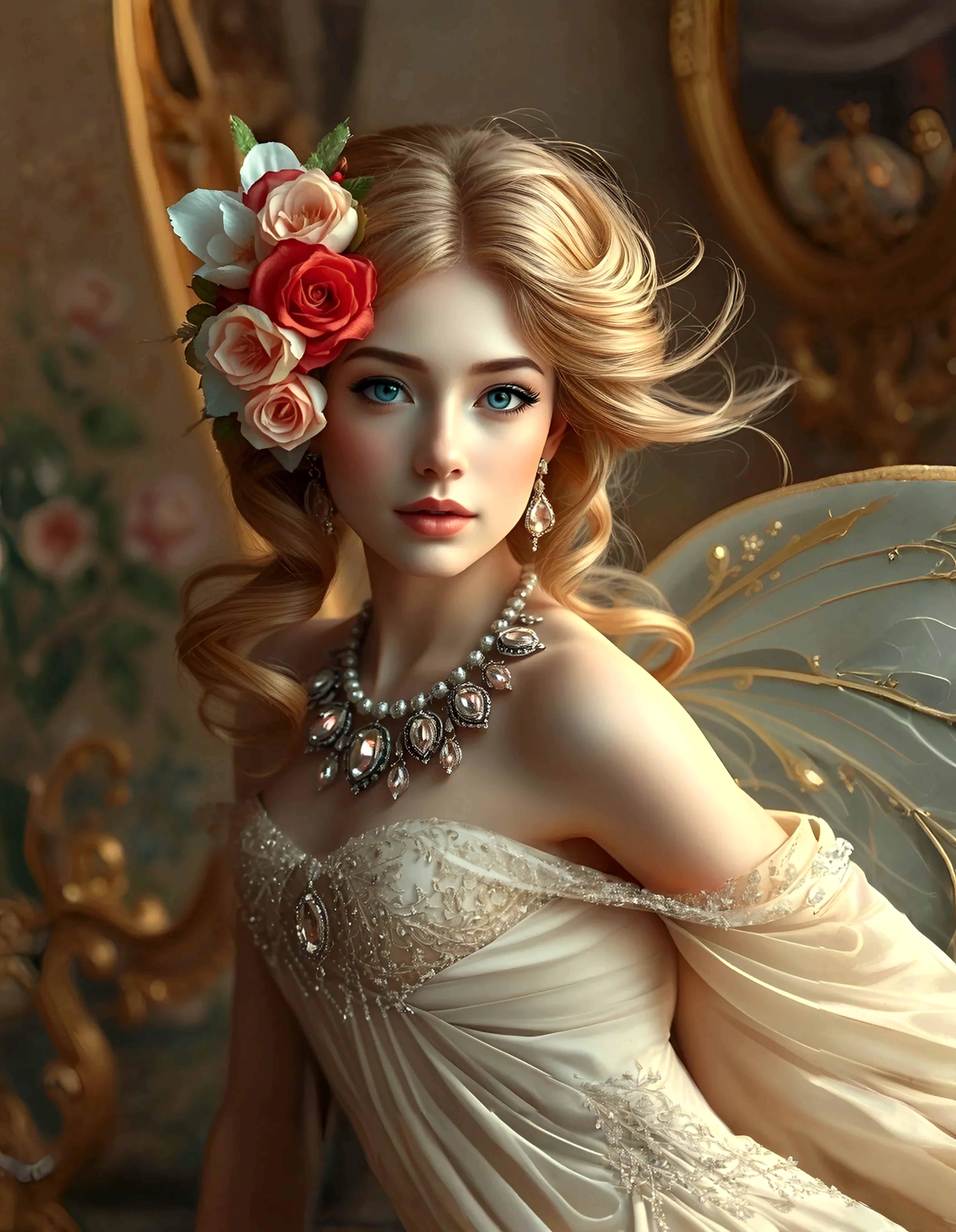 (masterpiece:1.4), (best quality:1.4), realistic, 1gril, solo, ((Gold wavy hair)), flowers crown, very long hair, bright stunning eyes, collarbone, upper body, slim body, shiny skin, detailed face, natural make up, Pink lips, parted lips, upper teeth, cleavage, small breasts, (cute embroidered top, pleated skirt), red nails, necklace, earrings, looking at viewer, professional light, sunny, glowing, nature in background --auto --s2