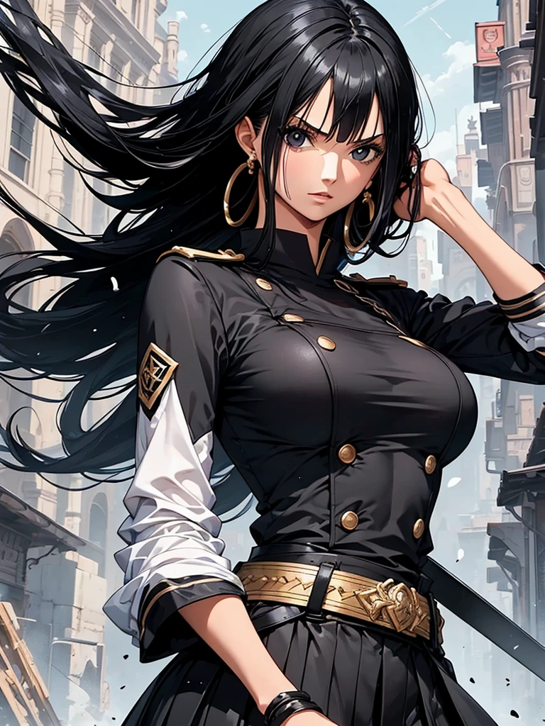  1 girl,  black hair, cool, Man-hating, Sword in hand, スcoolユニフォーム, Character portrait, uniform,  deco bangs, 