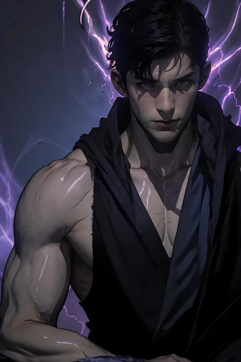 a dark-haired, dark-eyed warlock with pale skin, purple veins across his body, wearing a black robe with purple details, black fingertips, looking sideways with anger, dramatic lighting, cinematic angle, dark moody fantasy, highly detailed, intricate, complex, masterpiece, photorealistic, 8k, HDR