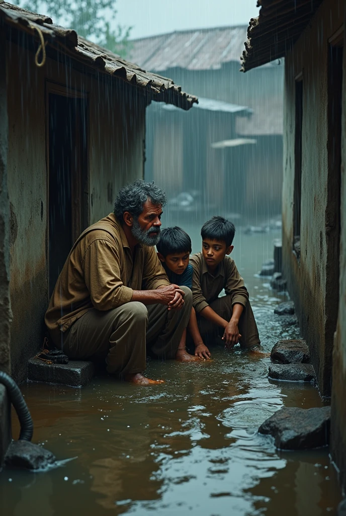A portrait of a father carrying his sick son on his back, traversing through the stormy night and rain