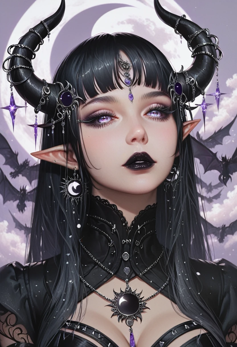 ((masterpiece)), (( High resolution)), (( lunar eclipse background  )),   beautifully detailed woman, ,  Long black hair, elf ears,  Detailed eyes, grey iris ,   long lashes ,  detailed facial features , black lipstick, demon horns,  black jewels ,  big breasts