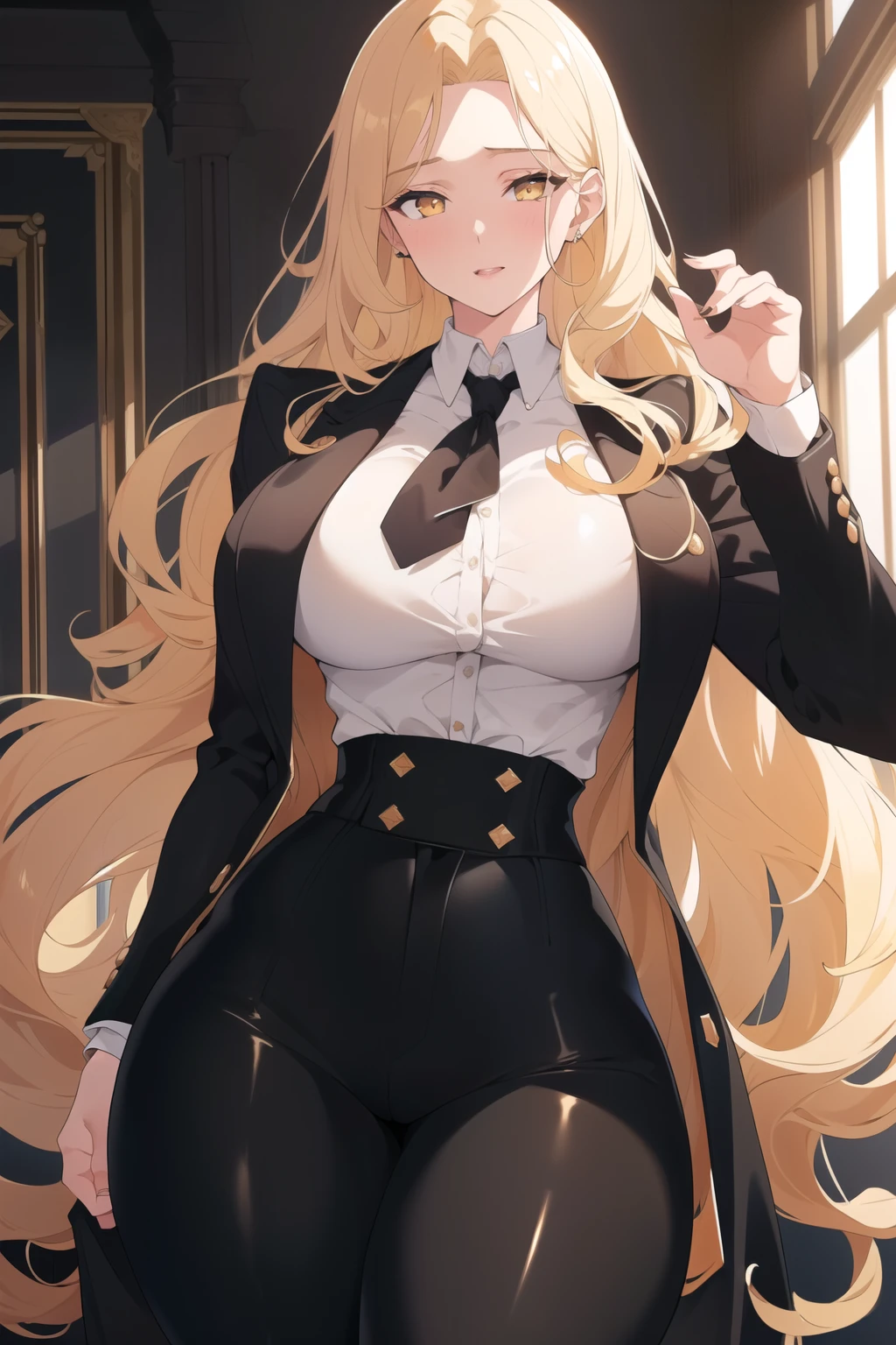 beautiful young woman, lithe physique, long curly blonde hair, golden eyes, white shirt, black tie, black jacket, black pants, suit and tie, small breasts, huge ass, thick thighs, highly detailed, 8k, photorealistic, dramatic lighting, cinematic, elegant, fashion portrait, milf, haughty, snobby, entitled