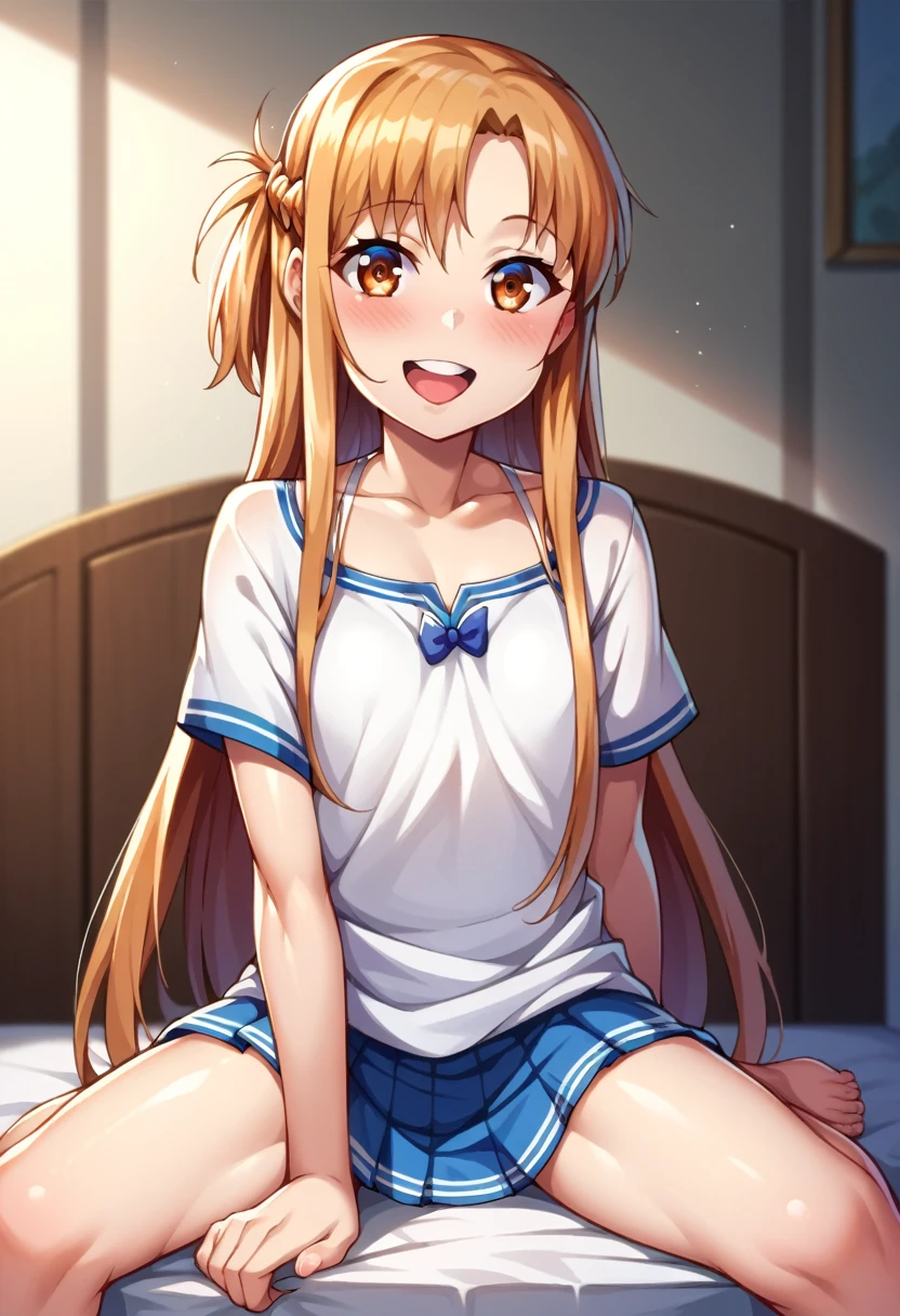 (( best quality)), ((masterpiece)), (be familiar with),  perfect face, indoor, bedroom,  watching viewers,
One woman,  Asuna Yuki,
 characters with open mouth ,  ecstatic expression with hands in front of body, blush, smile,
Small breasts,  flat chest, Young girl, Lori,  kids,  girl,
 long hair,  long hair,
Leg spread,