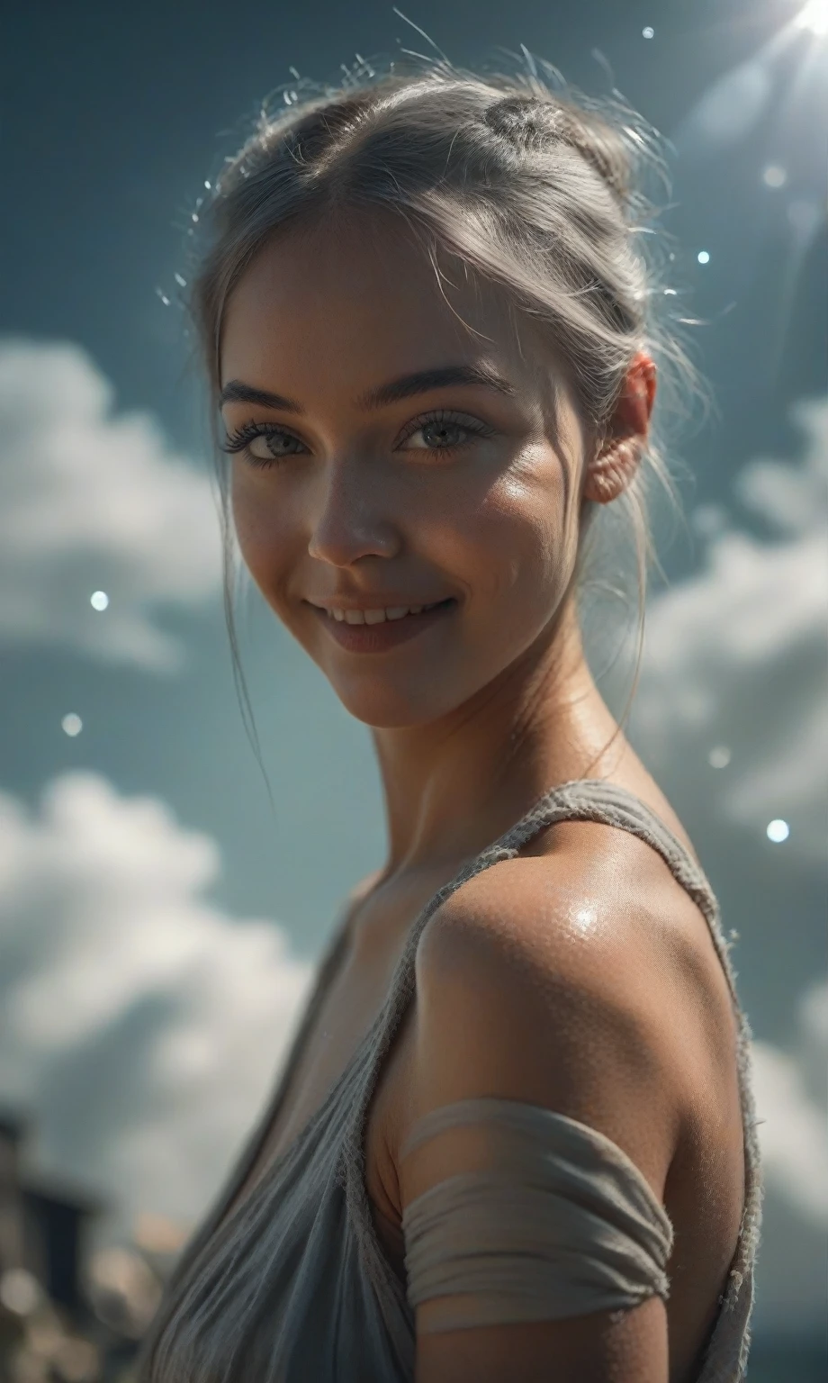 score_9, score_8_up, score_7_up, score_6_up, photo, realism, photorealistic, greek god, female, gray hair, muscular body, smile, in clouds, looking at viewer, depth of field, bokeh, sunlight,