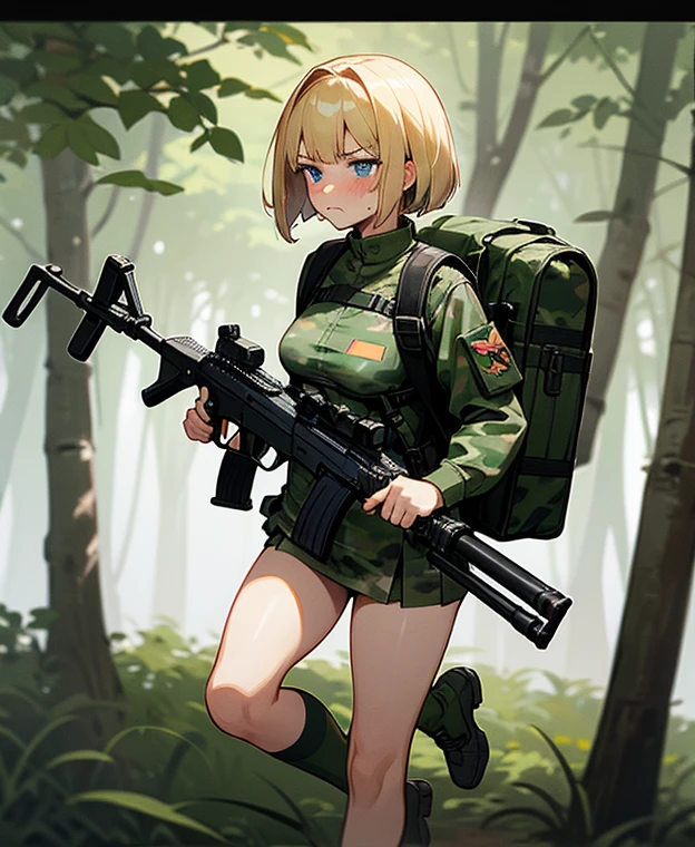 1 girl, shortcut , Blonde, blue eyes, Bob Hair, Blushing , frowns, Awkward, metallic dark green camo military uniform micro bikini, miniskirt that snaps around the knee, Very Small Breasts ,The background is a forest, wide angle shot ,I'm wearing a plate carrier, assault rifle ,Too much exposure,Equipped with a large backpack