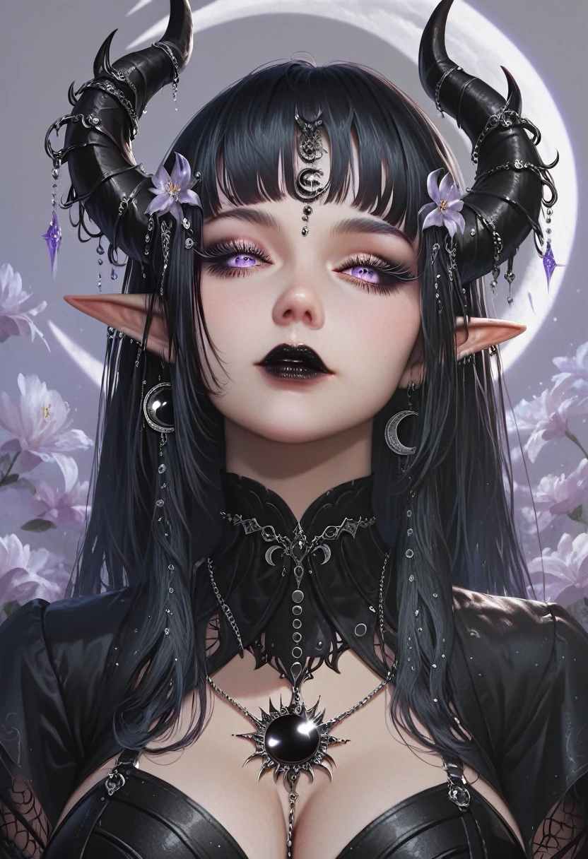 ((masterpiece)), (( High resolution)), (( lunar eclipse background  )),   beautifully detailed woman, ,  Long black hair, elf ears,  Detailed eyes, grey iris ,   long lashes ,  detailed facial features , black lipstick, demon horns,  black jewels ,  big breasts