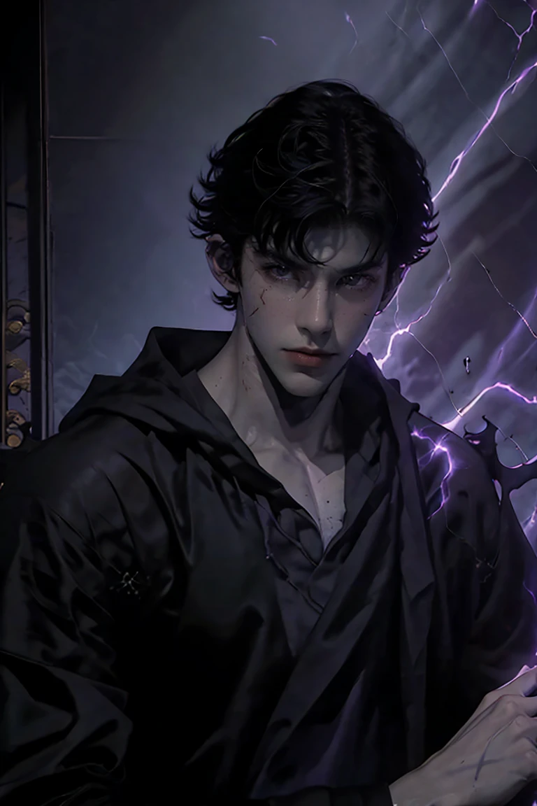 a dark-haired, dark-eyed warlock with pale skin, purple veins across his body, wearing a black robe with purple details, black fingertips, looking sideways with anger, dramatic lighting, cinematic angle, dark moody fantasy, highly detailed, intricate, complex, masterpiece, photorealistic, 8k, HDR