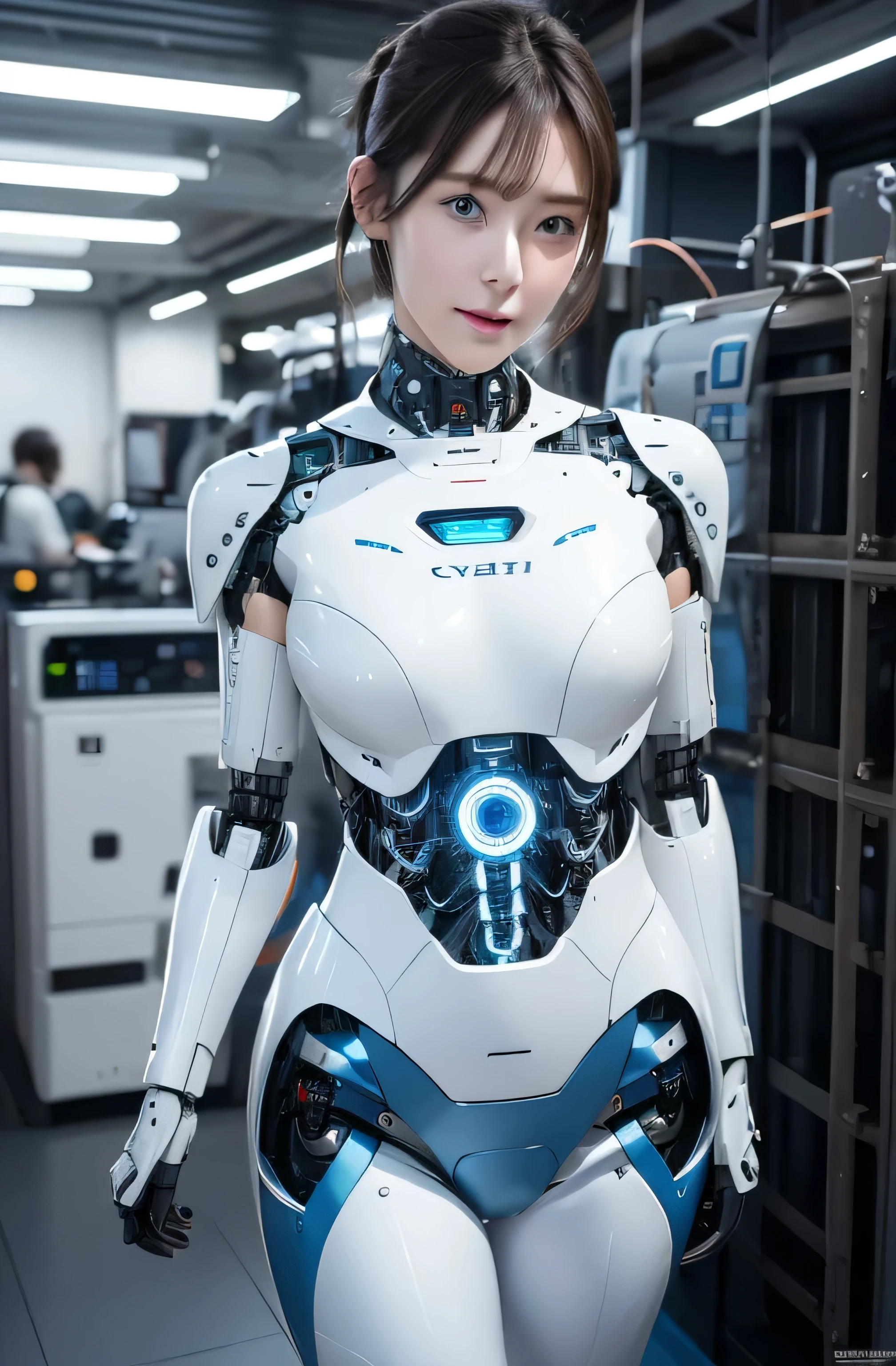 masterpiece, best quality, extremely detailed, Japanese android girl,Plump ,control panels,robot arms,robot,android,cyborg,white robot body,blunt bangs,robot repair plant,skinny pants,boots,blue eyes, masterpiece, Best Quality, Illustration, Ultra-detailed, finely detail, hight resolution, 8K Wallpaper, Perfect dynamic composition, Beautiful detailed cyan colored eyes, suits,Medium Hair,  Natural Color Lip, Random and sexy poses,Smile,‎Classroom、20 years girl、lifelike face、real looking skin、Realistic blue eyes、cute little, robotic neck, robotic arms and legs, deep blue eyes, career woman robot, robot girl, cyborg, control panels, control monitor in chest, 8K, RAW photos, Best quality, Masterpiece: 1.2),(best qualtiy，8K, Yes，32K，masterpiece，hyper HD：1.2) , Generate a highly detailed and realistic 4K description of a robot woman in a career suit, emphasizing every detail, from her attire to the surrounding environment, skinny body, perfect body, beautifull face, asian face, glowing skin, cyborg girl, deep blue eyes, android robot, mechanical details, korean robot girl, robotic chest, add chest monitor, perfect blue eyes, control panels, korean android woman,perfect robot girl,long tube,thick cable connected her neck,android,robot,humanoid,cyborg, korean cyborg girl , She is rebooting now,chest monitor, mechanical eyes