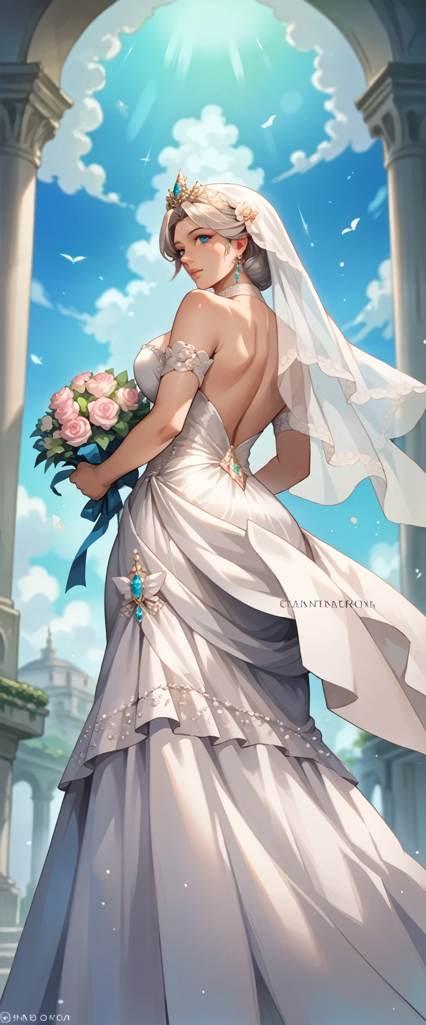  score_9,  score_8_up,  score_7_up, masterpiece, best illustration,8k,Super detailed, semi-realistic beautiful woman,The theme is Bride in the Sky ,Beautiful tiara,Beautiful bouquet ,Beautiful emerald blue eyes, silver hair,( Beautiful Embellished Prom Dress Gown), Beautiful Gradation, background with abstract clouds and light,White-based design,(watercolor),(Rear view),( is looking over here), depth of field,( dynamic),From below
