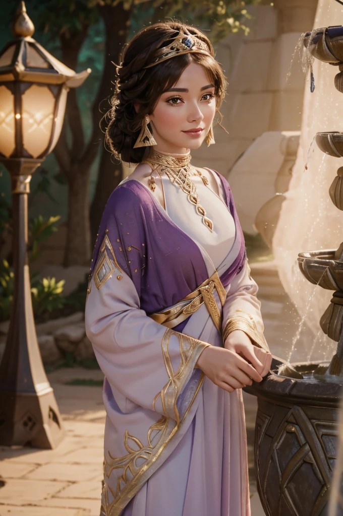 A arabian woman with pale skin in realistic portrait of high quality and detail, It stands in the middle of an Arabic-style flower garden, An Arabic-style fountain in the background, Dunyarzad (Genshin Impact), Dunyarzad has a light blue dress and a purple top with gold accents. She has brown eyes and brunette hair that she wears in a braided low bun. She has a gold lazurite crown, a gold lazurite necklace and gold earrings. She also has bandages around her arms and brown leather sandals. happy smiling face, evening, red sky, pink clouds, looking at viewer, (ultra-high detail:1.2), Masterpiece, Best Quality, Ultra-detailed, Cinematic lighting, 8K, delicate features, cinematic, 35 mm lens, f/1.9, highlight lighting, global lighting –uplight –v 4, cinematic, Cinematic lighting, 8K, high quality, Highest Quality, (Solo Focus), (extremly intricate:1.3), (Realistic), masterful, Analog style, (Film grain:1.5), (warm hue, cold tone)