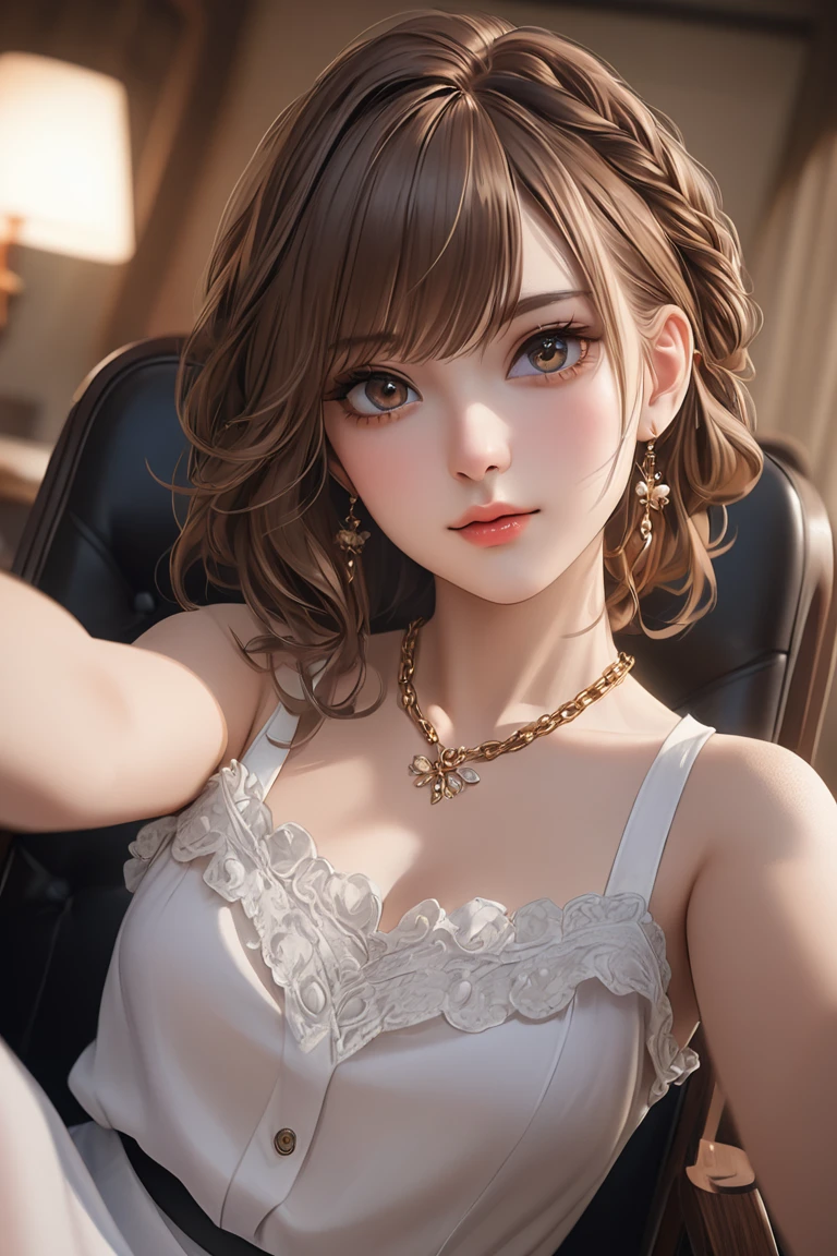 (masterpiece, best quality), 1girl, solo, brown  hair, curly hair, small breasts, pale skin, long eyelashes, sitting, upper body, looking at viewer, elbow rest, parted lips, seductive smile, sexually suggestive, cleavage, mascara, necklace, bangle, earrings, teacher, milf, 26 year old mature woman, slender woman, tshirt, teacher, tight jeans, classroom, white boardhair tied back in loose ponytail
