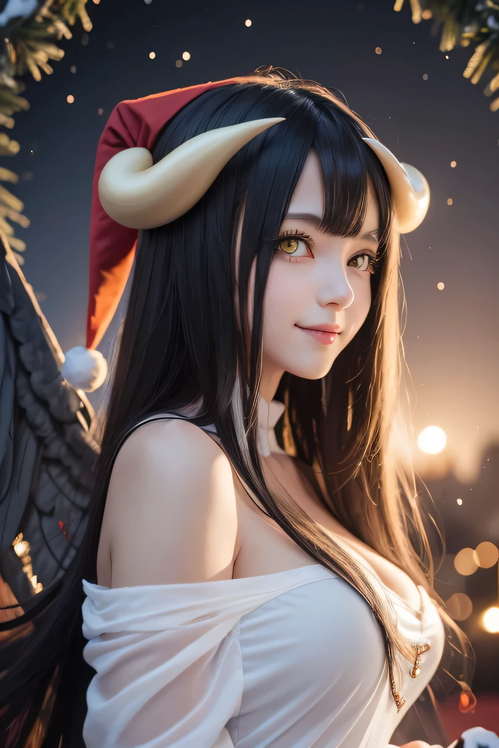  a girl,albedo,  long hair,   black hair , antlers, demon girl, antlers de demonio, albedo,   hair between the eyes ,neckline, Very big breasts, black wings behind your waist ,yellow-eyed ,   Cleft pupils,    coloring anime ,smile, Christmas hat ,Transparent red and blue nightgown , translucent in fashionable charm Christmas design with shoulder opening, in a beautiful snowy landscape Christmas trees with spheres and gifts ..