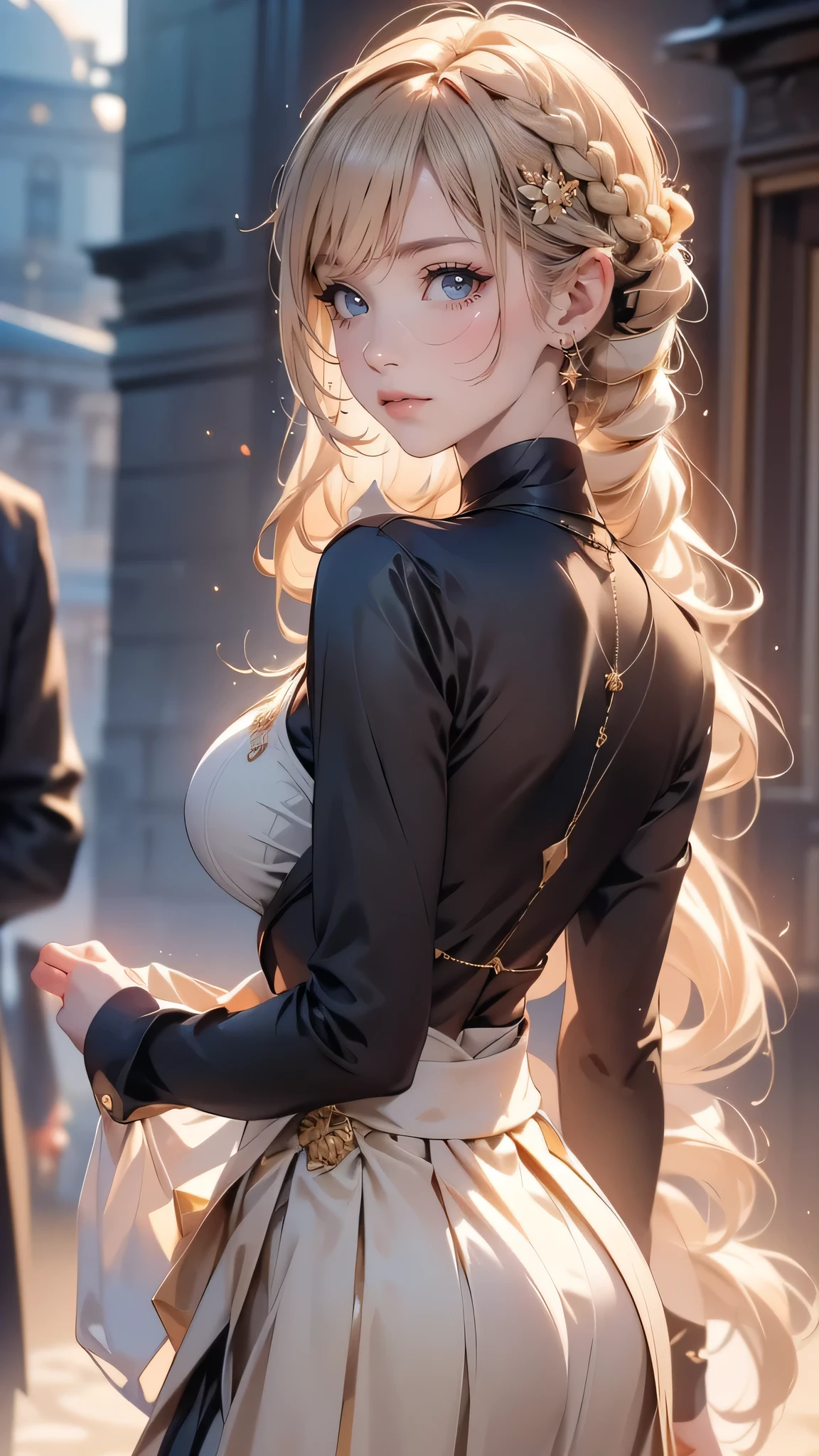 (masterpiece:1.3, top-quality), ultra high res, ultra detailed, (realistic, photorealistic:1.4), beautiful illustration, perfect lighting, colorful, depth of fields,
looking at viewer, (face focus, upper body), 1 girl, solo, hight school girl, gravure model, (large breasts:0.8, large ass, seductive thighs, skindentation),
(middle hair:1.2, single braid, (beige) hair), bangs, braided bangs, (gold eyes), drooping eyes, parted lips, shiny skin,
beautiful hair, beautiful face, extremely detailed face, beautiful detailed eyes, beautiful clavicle, beautiful body, beautiful chest, beautiful thigh, beautiful legs, beautiful fingers,
(detailed cloth texture, (darkturquoise) long sleeve high neck sweater, black pleated skirt, (dark brown casket)), round glasses, shoulder bag, garnet necklace,
(beautiful scenery), evening, (downtown, staircase), walking, (seductive-smile),