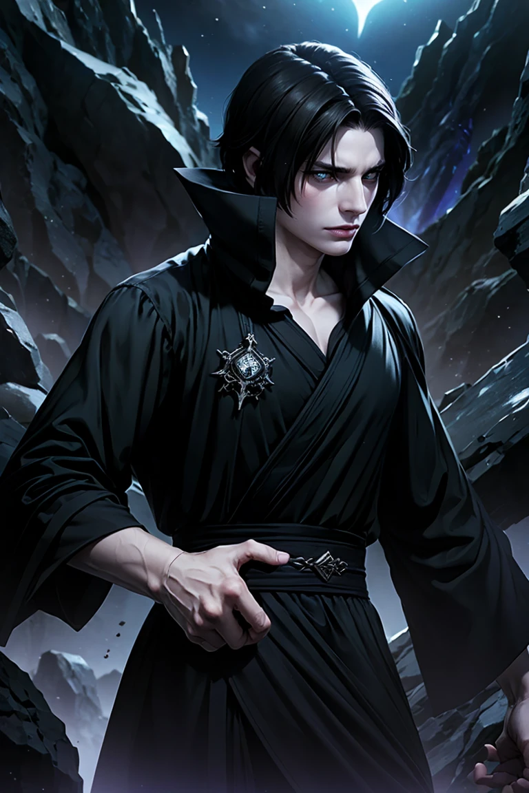 a dark-haired, dark-eyed warlock with pale skin, purple veins across his body, wearing a black robe with purple details, black fingertips, looking sideways with anger, dramatic lighting, cinematic angle, dark moody fantasy, highly detailed, intricate, complex, masterpiece, photorealistic, 8k, HDR