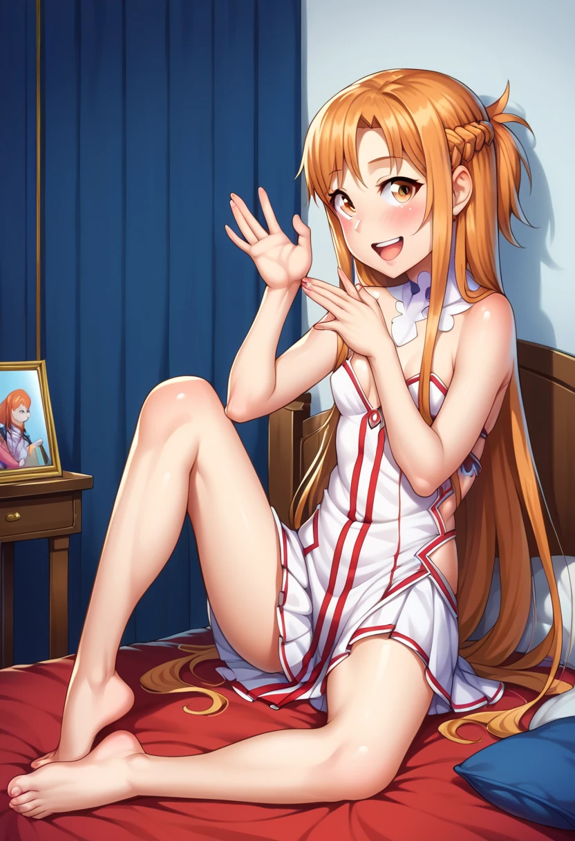 (( best quality)), ((masterpiece)), (be familiar with),  perfect face, indoor, bedroom,  watching viewers,
One woman,  Asuna Yuki,
 characters with open mouth ,  ecstatic expression with hands in front of body, blush, smile,
Small breasts,  flat chest, Young girl, Lori,  kids,  girl,
 long hair,  long hair,
Leg spread,