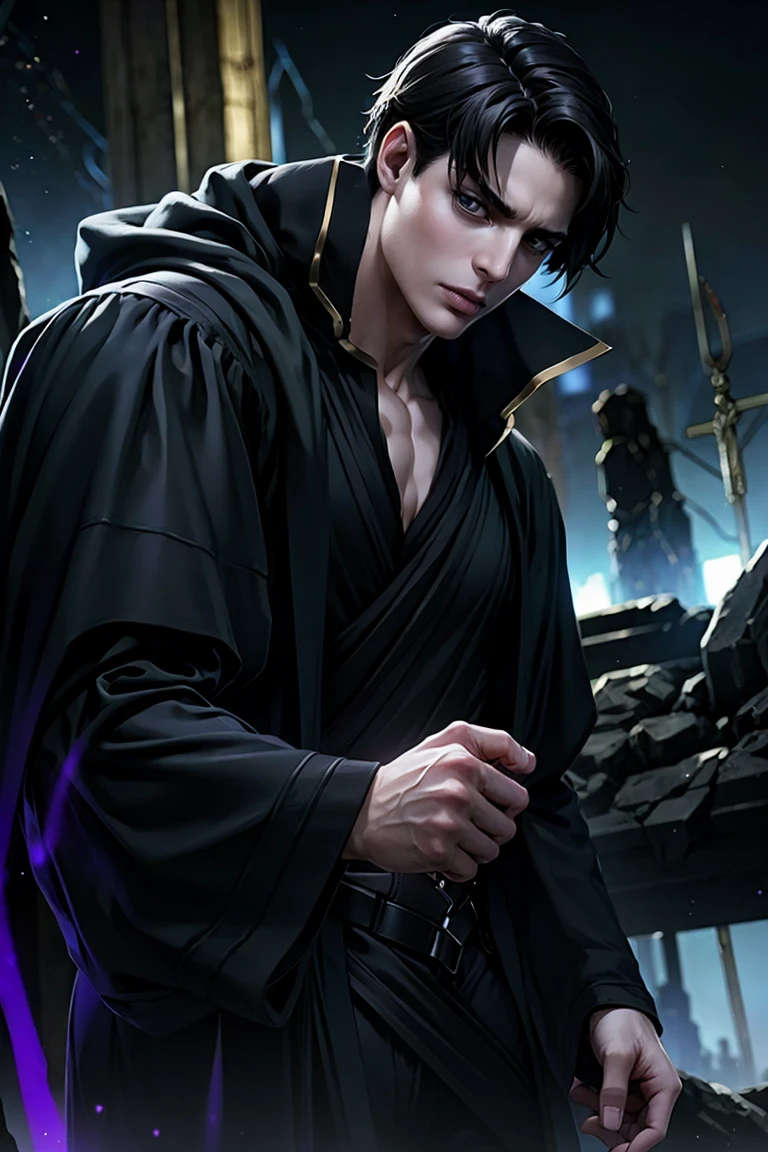 a dark-haired, dark-eyed warlock with pale skin, purple veins across his body, wearing a black robe with purple details, black fingertips, looking sideways with anger, dramatic lighting, cinematic angle, dark moody fantasy, highly detailed, intricate, complex, masterpiece, photorealistic, 8k, HDR