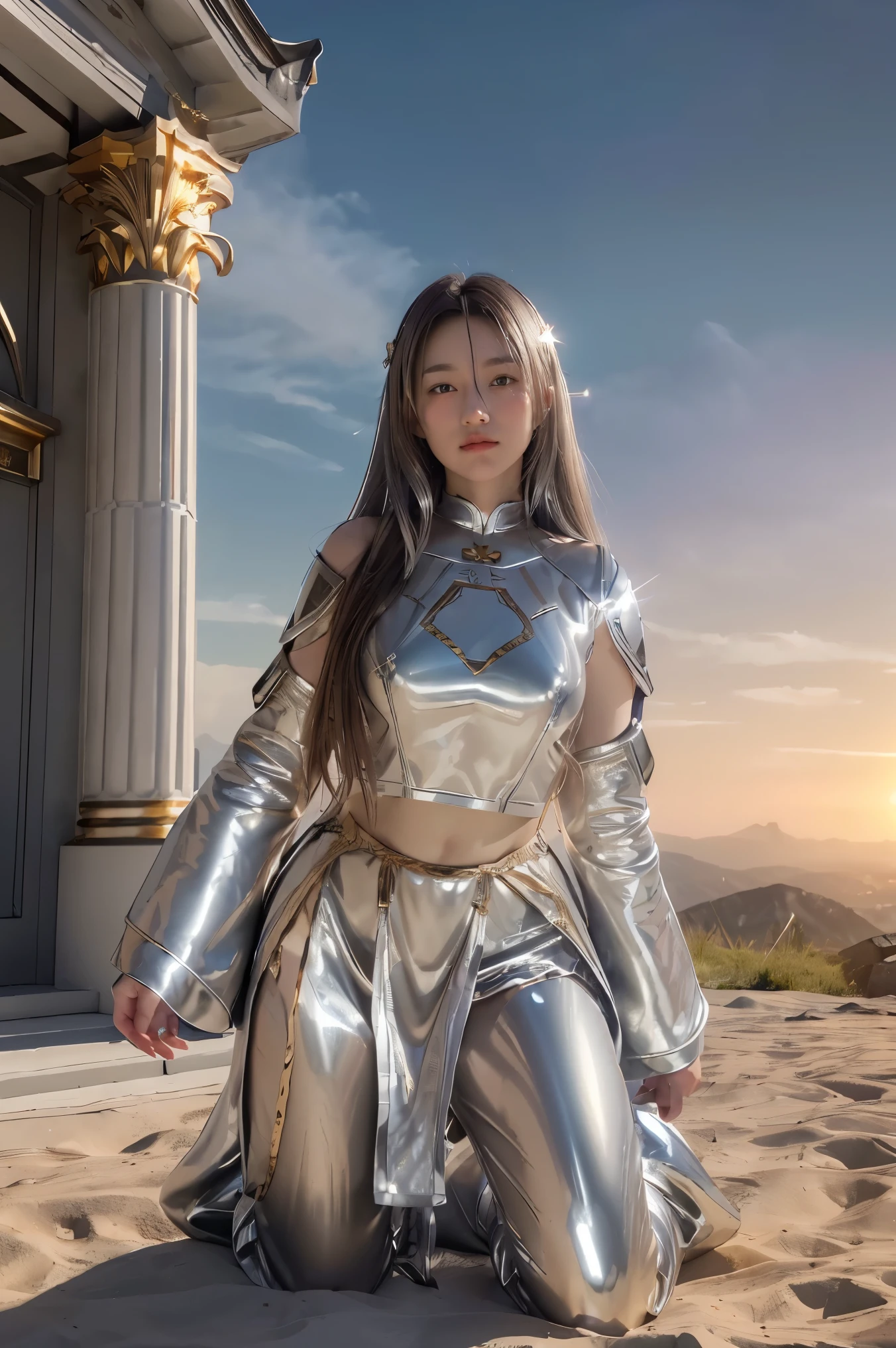 ((masterpiece, best quality, extremely detailed), volumetric lighting, ambient occlusion, colorful, glowing), 1girl, solo, young girl, (dark hair), long hair, halo, aura, sacred, goddess, cleric suit, (silver outfit with gold detailst:1.3), armor, outdoors, sunset, sky, clouds, space, (fantasy theme:1.2),