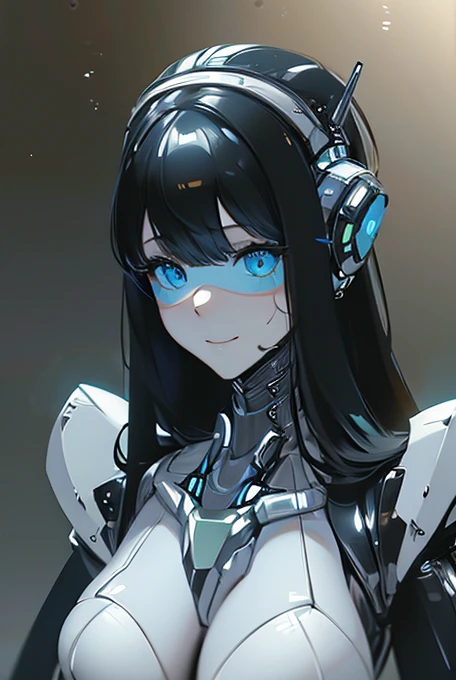 (masterpiece),(Highest quality),(Super detailed),(Best illustrations),(Best Shadow),(Absurd),(Detailed Background),(so beautiful), 16K, 8K, 4K,(Best Shadow),robotization,woman ,big bust,Robot Joint ,Metal skin,Black robot Suit,long hair,a black robot suit that covers the whole body,robot hand,cyber bodysuit,mecha head,(Detailed hands and fingers:1.2),Ball joint robot body,doll joint,beautiful face,beautiful robot girl,robotic eye,robotic hands,(no more human skin),android girl,cyborg girl,F cup, sexy body,(machine made joints:1.2),(machanical limbs:1.1),(blood vessels connected to tubes),(mechanical vertebra attaching to back),(mechanical cervial attaching to neck),no messy picture style,no emotion,tech control,black robot suit,maintenance,smile,robot maid