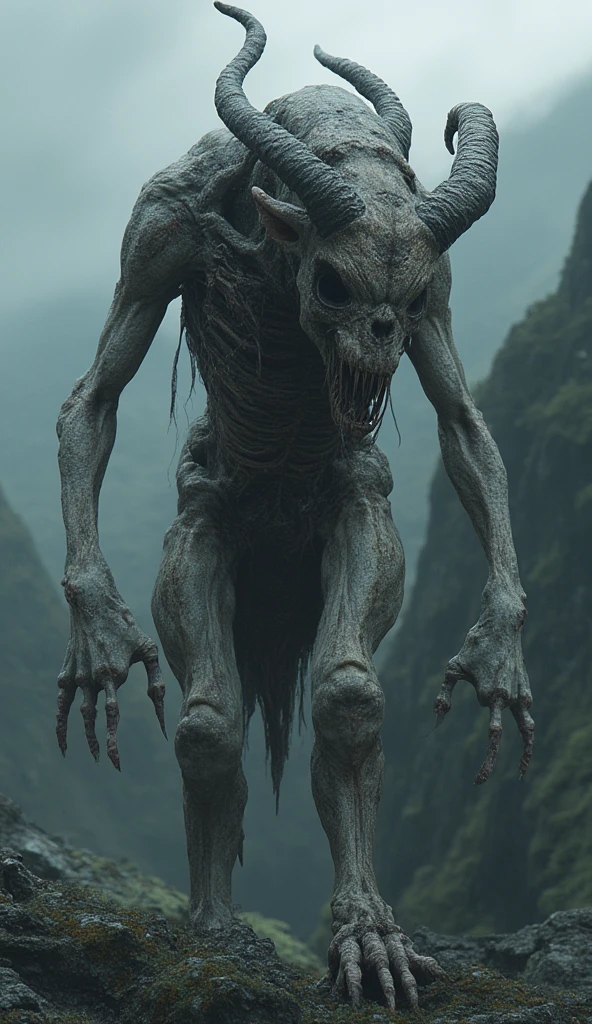 Create a hyper-realistic horror creature for Capricorn. This goat-like entity has twisted, spiraling horns that appear cracked and bloodstained, and its skeletal frame is covered in patches of icy frost and rotting moss. Its empty, hollow eyes exude a cold, predatory stare, while its bony limbs are elongated and clawed. Its skin is rough and weathered, as if ancient, and every movement is slow and deliberate. The creature emanates a dark, oppressive aura, evoking the feeling of an unyielding force that has haunted the mountains for centuries.