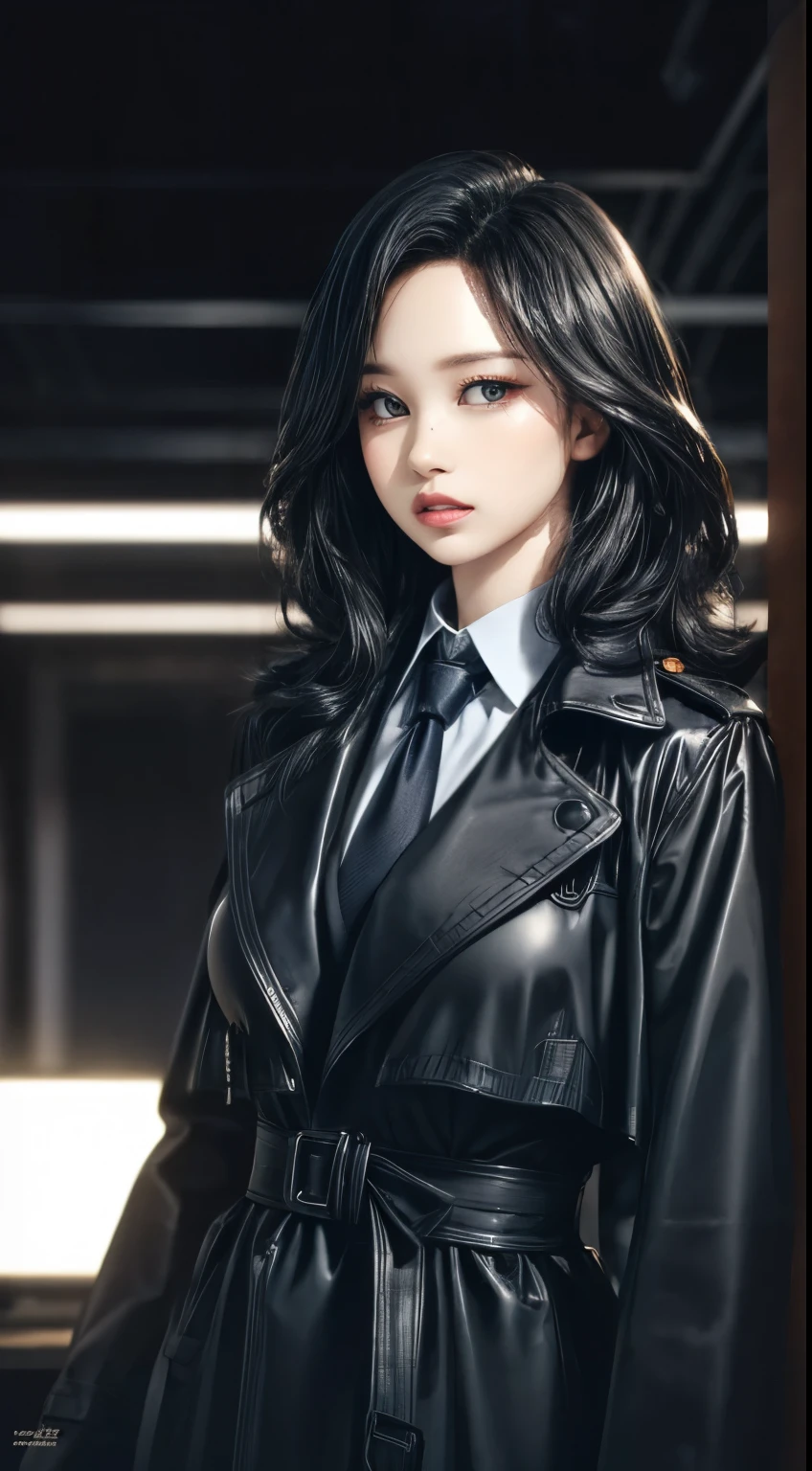  A sexy model wears a long black designer trench coat with an untied tie, Take a stylish look , beautifully detailed eyes , Beautiful Detailed Lips , extremely detailed eyes and face,Long eyelashes,High Fashion,editing style, Dramatic lighting , vivid colors ,Movie,photorealistic,8K, is the best quality,masterpiece