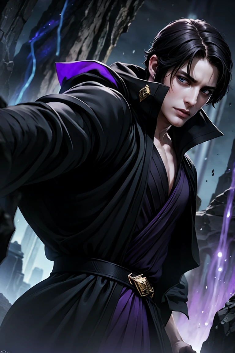 a dark-haired, dark-eyed warlock with pale skin, purple veins across his body, wearing a black robe with purple details, black fingertips, looking sideways with anger, dramatic lighting, cinematic angle, dark moody fantasy, highly detailed, intricate, complex, masterpiece, photorealistic, 8k, HDR