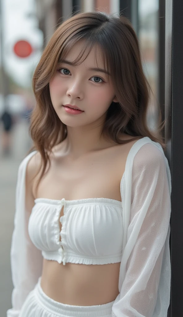 (bare shoulders:0.85), ((nude:1)), (boobs naked:0.55), 1girl, cute korean teen, ((18 years old)), white skin, detailed skin, enchanting gaze, embellished attire, ((cool white lighting)), shallow depth of field, whimsical details, slender, wide hip, Pose from various angle, from top, perfect hands, shaved pussy, walking on street, city background, white Cropped waist shirt, white bikini, 