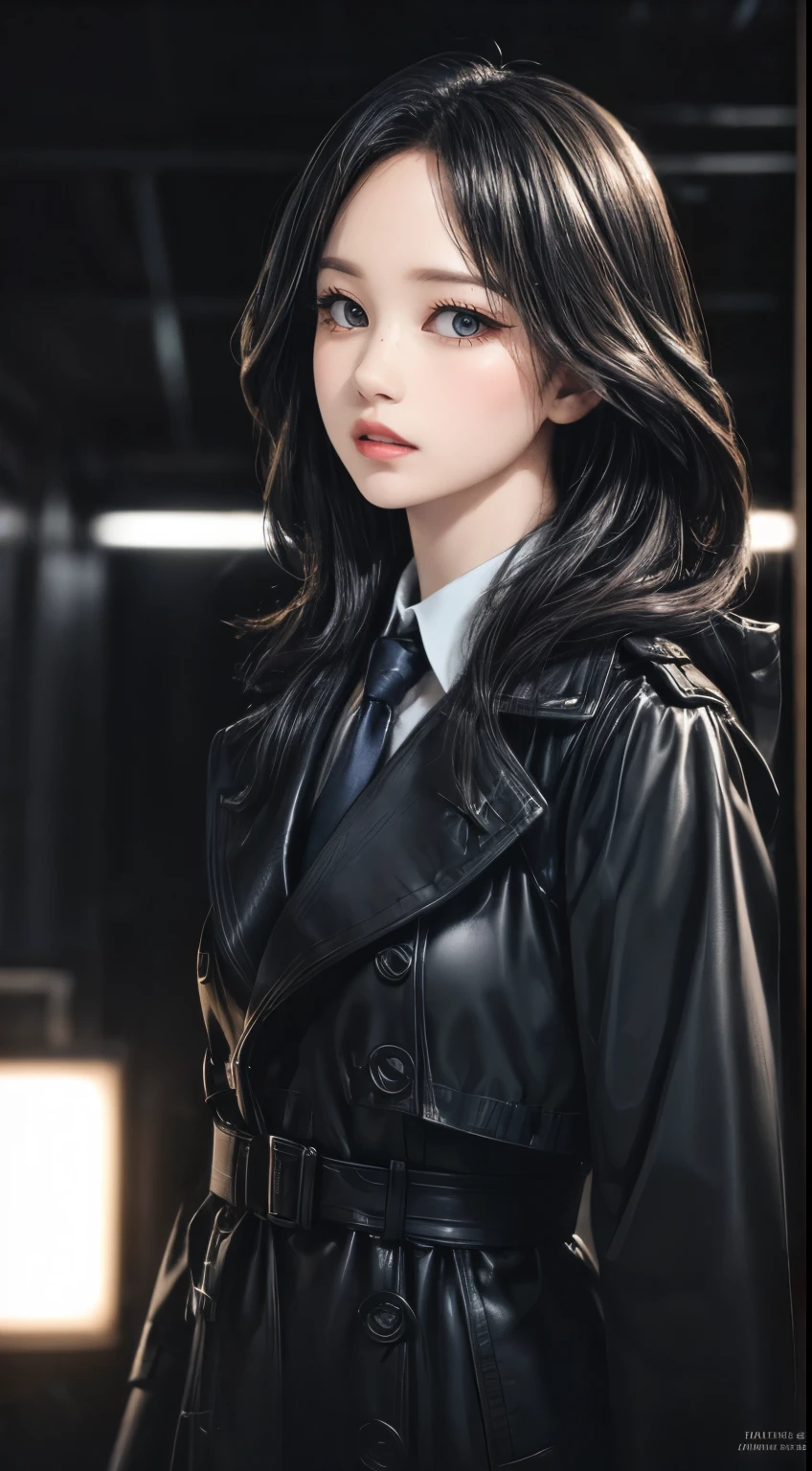  A sexy model wears a long black designer trench coat with an untied tie, Take a stylish look , beautifully detailed eyes , Beautiful Detailed Lips , extremely detailed eyes and face,Long eyelashes,High Fashion,editing style, Dramatic lighting , vivid colors ,Movie,photorealistic,8K, is the best quality,masterpiece