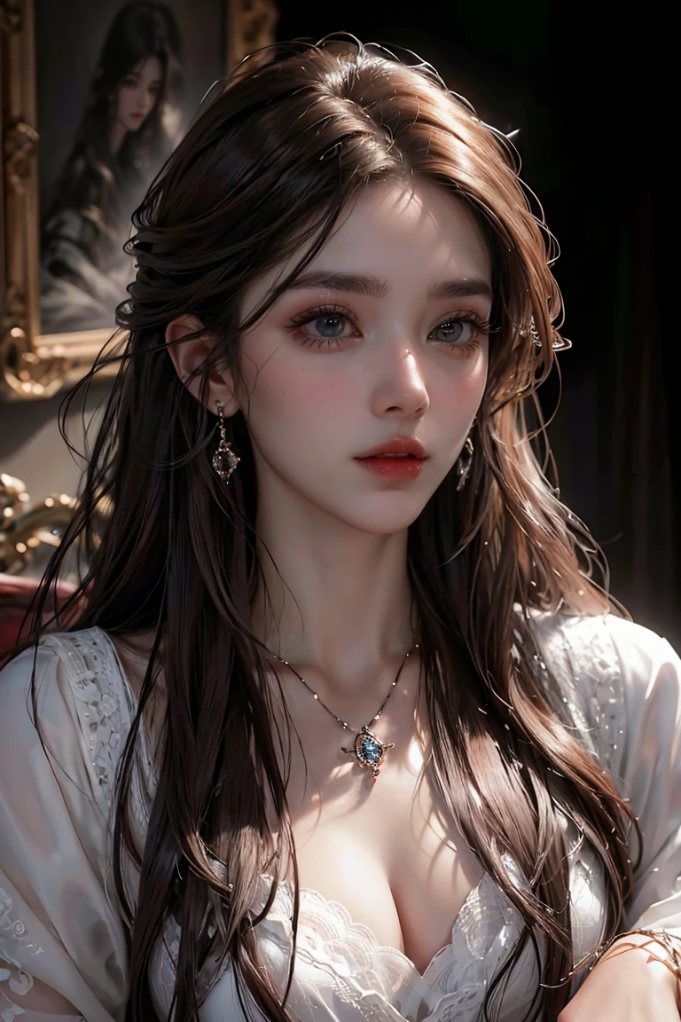 intricate portrait of a woman with long wavy brown hair, brown eyes, clear skin with a slightly tanned complexion, wearing a deep burgundy dress, serious expression, (best quality,4k,8k,highres,masterpiece:1.2),ultra-detailed,(realistic,photorealistic,photo-realistic:1.37),cinematic lighting,dramatic colors,highly detailed facial features,beautiful detailed eyes,beautiful detailed lips,extremely detailed eyes and face,longeyelashes,female portrait,photo-realistic,dramatic lighting,vivid colors,elegant,serene