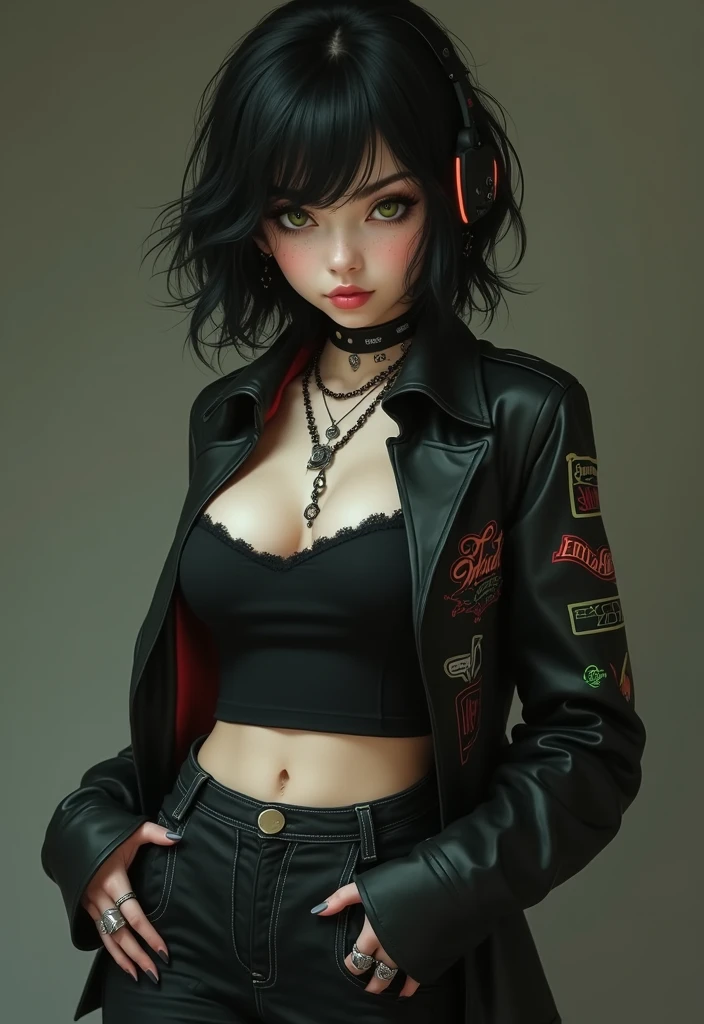 Create a role called Roxy, Punk rock girl who exudes rebellion, black skin, dark skin, unique look includes vibrant,To showcase a range of fascinating tattoos. Her style is the epitome of cool, A cropped leather jacket features plenty of edgy pins and needles, Complemented by a variety of exquisite punk jewelry. She also wears red or black fishnets with random holes.
Under her fiery red jacket, Roxy rock zigzag vest, Carefully designed clever holes,Revealing the carefully designed black bra underneath. (((Her rebellious look continued with a pair of dark denim shorts,Comes with chain as belt, and other iconic punk and goth rock accessorieake her look more perfect))).
Roxy's boots tell their own story, Experienced countless punk adventures, They now boast a shabby, Dark purple tones for a dirty look, Paired with bold red laces and chunky, Trampled soles. Imagine her in the gritty atmosphere of a dive bar, Surrounded by punk rockers, The visuals are reminiscent of Zack Snyder's unique style