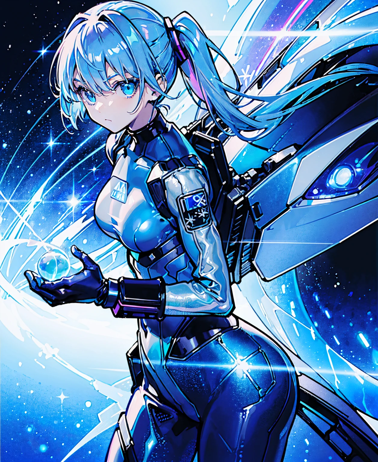 ((Holographic glow effect))、 blue hair 、Masterpiece、 Best Quality、1 person、Medium breast、(( album cover ))、 light on face、 slim body、 blue costume、Exoskeleton、Metal Gear、 cyberpunk style、 ponytails、Gundam Pilot、attention arousal，Ride a fighter jet 、 gloves up to the elbow ,Big Moon,Night Sky,Milky Way