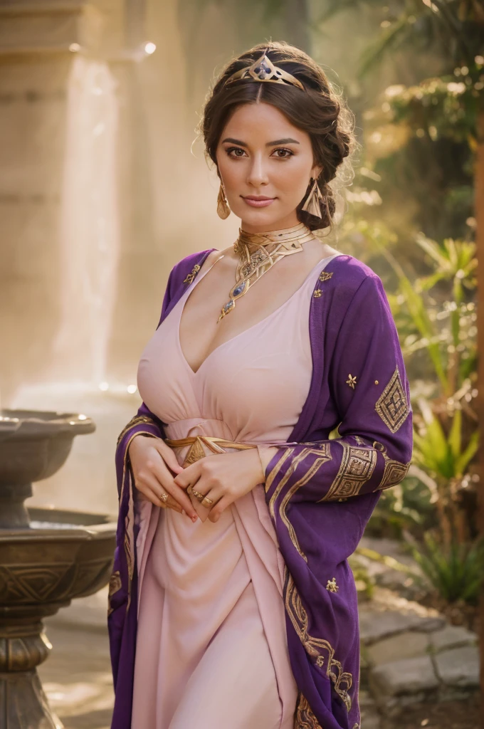 A arabian woman with pale skin in realistic portrait of high quality and detail, It stands in the middle of an Arabic-style flower garden, An Arabic-style fountain in the background, Dunyarzad (Genshin Impact), Dunyarzad has a light blue dress and a purple top with gold accents. She has brown eyes and brunette hair that she wears in a braided low bun. She has a gold lazurite crown, a gold lazurite necklace and gold earrings. She also has bandages around her arms and brown leather sandals. (big breast:1.3), happy smiling face, evening, red sky, pink clouds, looking at viewer, (ultra-high detail:1.2), Masterpiece, Best Quality, Ultra-detailed, Cinematic lighting, 8K, delicate features, cinematic, 35 mm lens, f/1.9, highlight lighting, global lighting –uplight –v 4, cinematic, Cinematic lighting, 8K, high quality, Highest Quality, (Solo Focus), (extremly intricate:1.3), (Realistic), masterful, Analog style, (Film grain:1.5), (warm hue, cold tone)