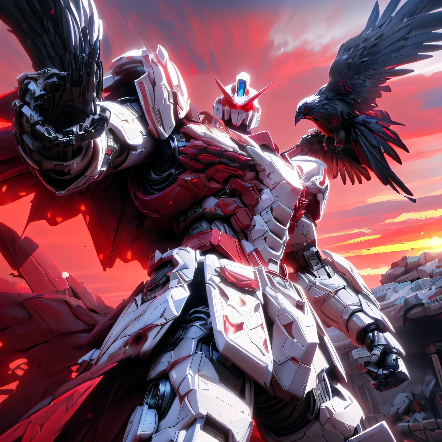 ((Big Clouds, Bright Red Sunset: 1.5, sunlight pouring down to the ground through a break in the clouds: 2.0, Pillar of Light, Many black wild birds flying in the sky : 1.5)), (Many leaves are dancing due to strong winds : 1.5), (Mecha:1.6), ((The white robot is making violent movements: 2.0)), (( several people having fun with each other while having very detailed , Super detailed, best quality, masterpiece, 8k wallpaper, high definition , super precise illustration , using Unreal Engine: 2.0, Unreal Engine 6, Unreal Engine 5)), white armor, green eyes, alone, (Game CG:1.2), ( Black Light:1), mechanical parts, Robot joints, headgear , Full Armor , upper body,In the sky, glowing eyes, EdobLandscapeAlpha, ((masterpiece, best quality)), tight waist, (metallic), ((Detailed depiction of Mecha, Photorealistic images: 2.0, 4K, 8k, 16k, 32K)), big chest armor , Large shoulder armor, ( lots of blue discharges from armor ), Has 1 large horn on its head , (( a giant sword)), (Resplendently decorated armor), (from below), ( The outline of the armor shines in the light of the sunset)