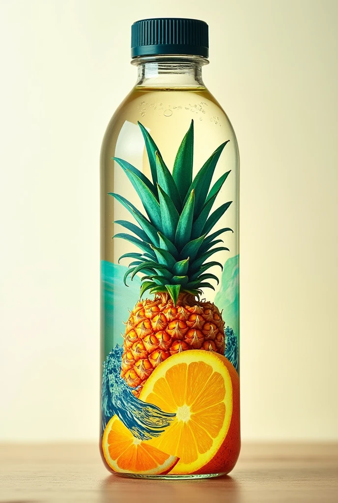 A logo for a fresh water business with fruits like strawberries, coco, Piña, passion fruit and around it alfalfa and mint leaves and in the middle there is a glass of fresh water 
