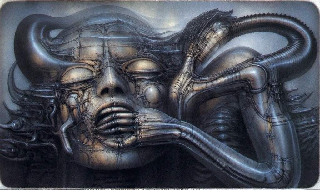 H. R. Giger's g1g3r, , Giger_style, H. R. Giger's g1g3r, , Giger_style, The image is a detailed view of H.R. Giger's \" Aleph \" plate, featuring  skeletal alien creature heavily fossilized with smaller creature on his shoulder pointing forward with it's long limb (best quality:1.4), anatomically correct limbs, (Triadic:1.1), (Proportion:1.1),  , (Reflected light:1.2), Parchment, ultra detailed, intricate,, dry b (best quality:1.4), H.R. GIGER,  BY GIGER