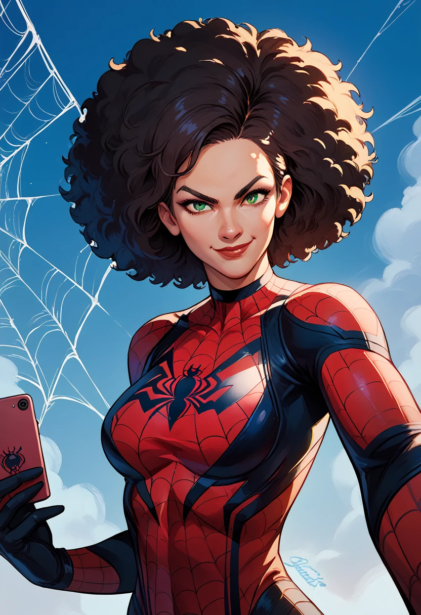 upper body, solo, woman, power, smirk, selfie, looking at viewer, black afro hair, green eyes, spiderman suit, spider web print, spider web, blue sky, 