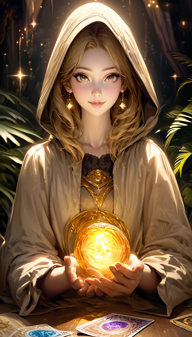   Impressionist paintings  , Realistic,   gold earrings、  smile, Fortune Teller  ,   tarot cards and crystals  ,   browse viewers, Mysterious,   magic  , Shine, Shineing, dark   magic   lighting, Sulky,   Movie-like  , Shine, Sparkling,   Darkness, Look at the viewers、Correctly depict a beautiful young hooded blonde girl with a palm ，((Five fingers on a hand))