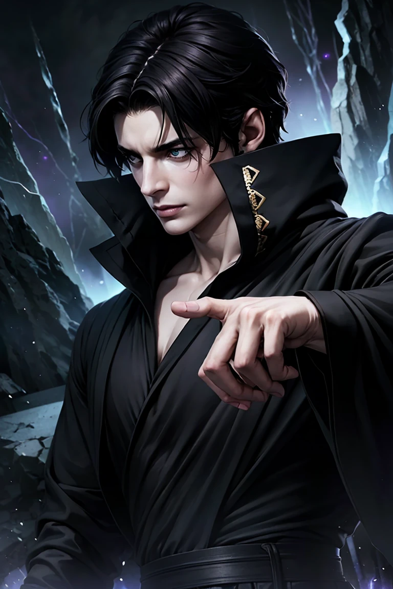 a dark-haired, dark-eyed warlock with pale skin, purple veins across his body, wearing a black robe with purple details, black fingertips, looking sideways with anger, dramatic lighting, cinematic angle, dark moody fantasy, highly detailed, intricate, complex, masterpiece, photorealistic, 8k, HDR