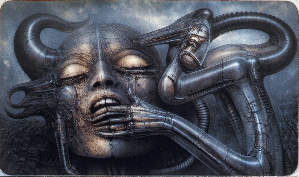 H. R. Giger's g1g3r, , Giger_style, H. R. Giger's g1g3r, , Giger_style, The image is a detailed view of H.R. Giger's \" Aleph \" plate, featuring  skeletal alien creature heavily fossilized with smaller creature on his shoulder pointing forward with it's long limb (best quality:1.4), anatomically correct limbs, (Triadic:1.1), (Proportion:1.1),  , (Reflected light:1.2), Parchment, ultra detailed, intricate,, dry b (best quality:1.4), H.R. GIGER,  BY GIGER