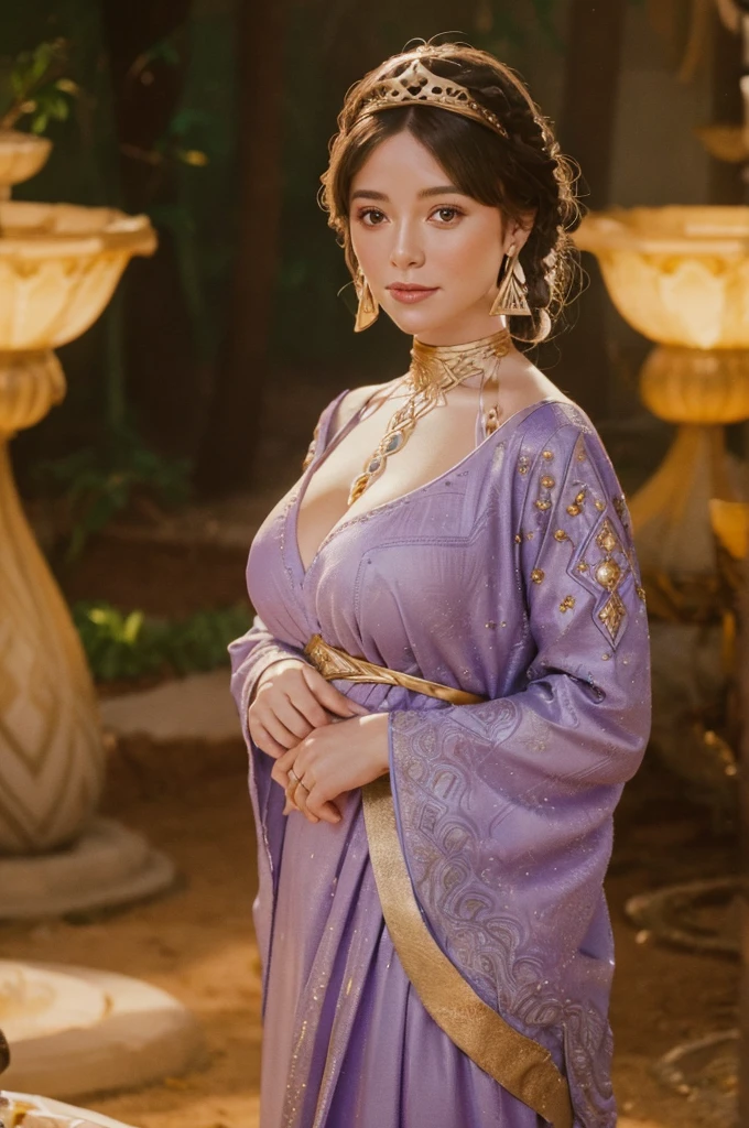 A woman with pale skin in realistic portrait of high quality and detail, It stands in the middle of an Arabic-style flower garden, An Arabic-style fountain in the background, Dunyarzad (Genshin Impact), Dunyarzad has a light blue dress and a purple top with gold accents. She has brown eyes and brunette hair that she wears in a braided low bun. She has a gold lazurite crown, a gold lazurite necklace and gold earrings. She also has bandages around her arms and brown leather sandals. (big breast:1.3), happy smiling face, evening, red sky, clouds, looking at viewer, (ultra-high detail:1.2), Masterpiece, Best Quality, Ultra-detailed, Cinematic lighting, 8K, delicate features, cinematic, 35 mm lens, f/1.9, highlight lighting, global lighting –uplight –v 4, cinematic, Cinematic lighting, 8K, high quality, Highest Quality, (Solo Focus), (extremly intricate:1.3), (Realistic), masterful, Analog style, (Film grain:1.5), (warm hue, cold tone)