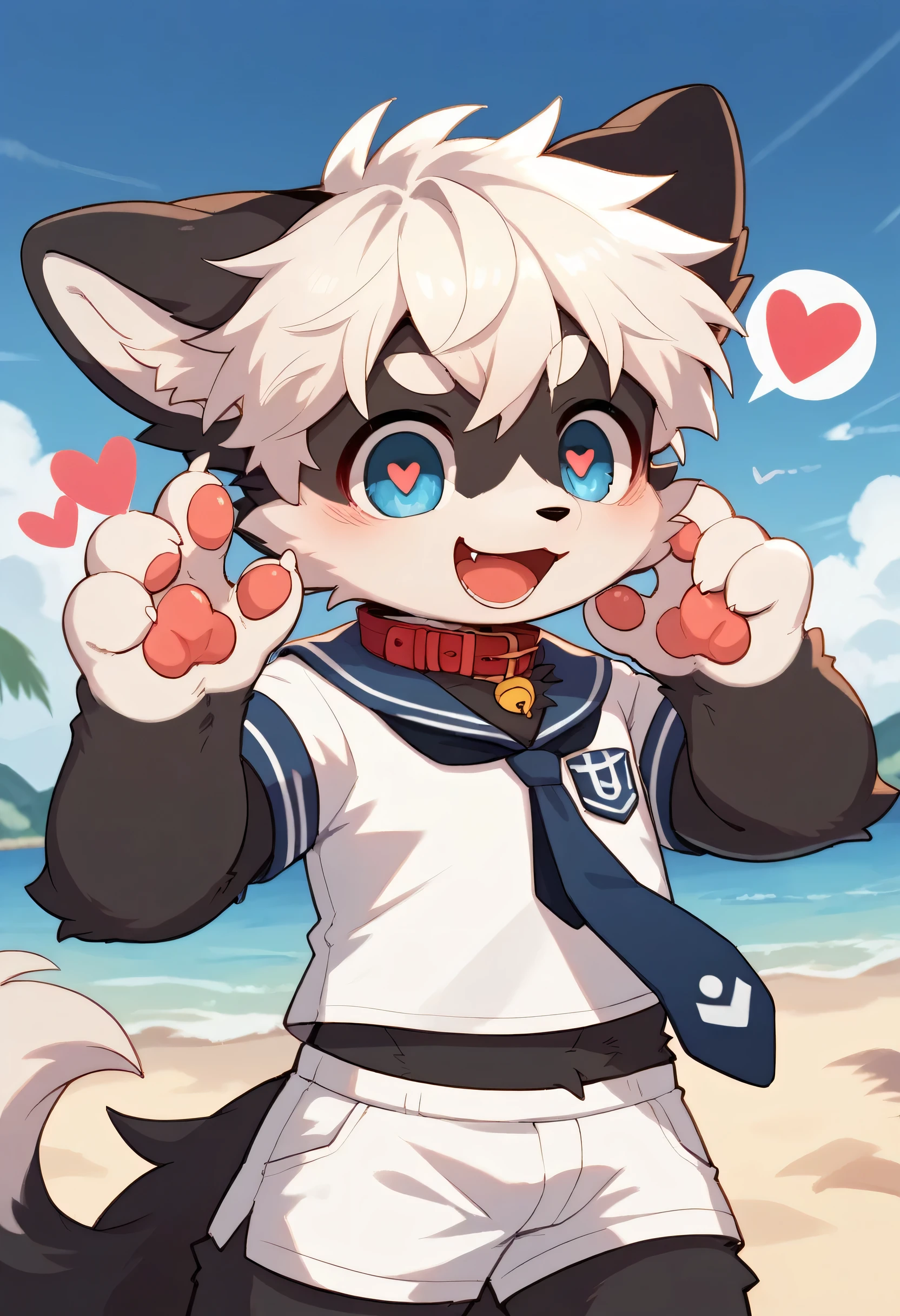  very detailedな, very detailed,white hair with black and white fur,Age 15,male, excited to see bones , wolf fur,Excited,participate, cute face, fluffy fur like one,Horny boy,cute ears ,Fluffy Ears ,Fluffy Ears ,Show me a paw ,Red collar, in front of everyone,Tie the husband's , cute fur boy , boy, heart eyes,Horny boy , black back , blush nose ,Alone,Droopy ears, white shorts ,Blue Sailor Suit