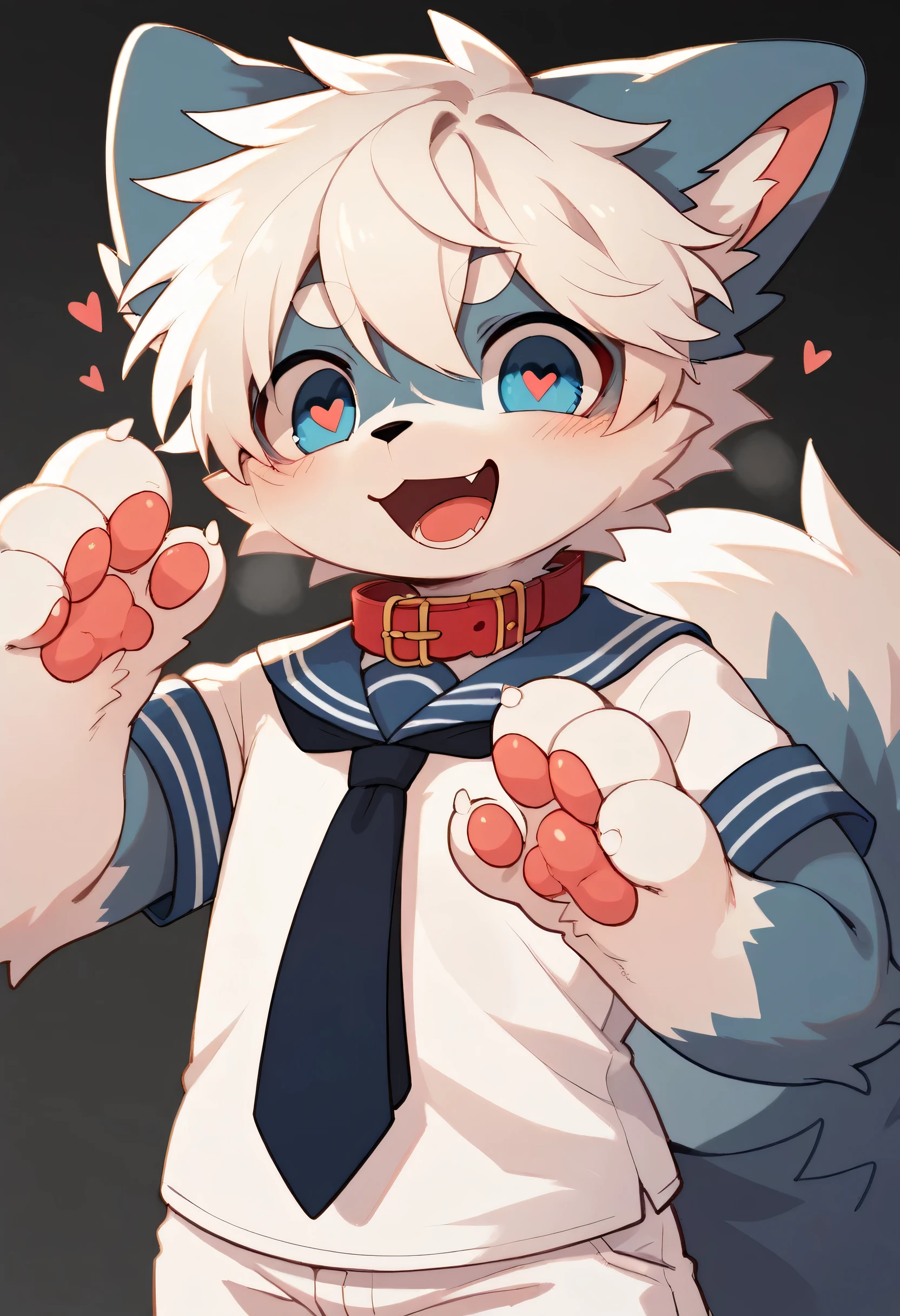  very detailedな, very detailed,white hair with black and white fur,Age 15,male, excited to see bones , wolf fur,Excited,participate, cute face, fluffy fur like one,Horny boy,cute ears ,Fluffy Ears ,Fluffy Ears ,Show me a paw ,Red collar, in front of everyone,Tie the husband's , cute fur boy , boy, heart eyes,Horny boy , black back , blush nose ,Alone,Droopy ears, white shorts ,Blue Sailor Suit