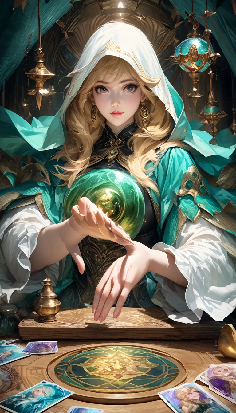   Impressionist paintings  , Realistic,   gold earrings、  on the table, Fortune Teller  ,   tarot cards and crystals  ,   browse viewers, Mysterious,   magic  , Shine, Shineing, dark   magic   lighting, Sulky,   Movie-like  , Shine, Sparkling,   Darkness, Look at the viewers、Correctly depict a beautiful young hooded blonde girl with a palm ，((Five fingers on a hand))