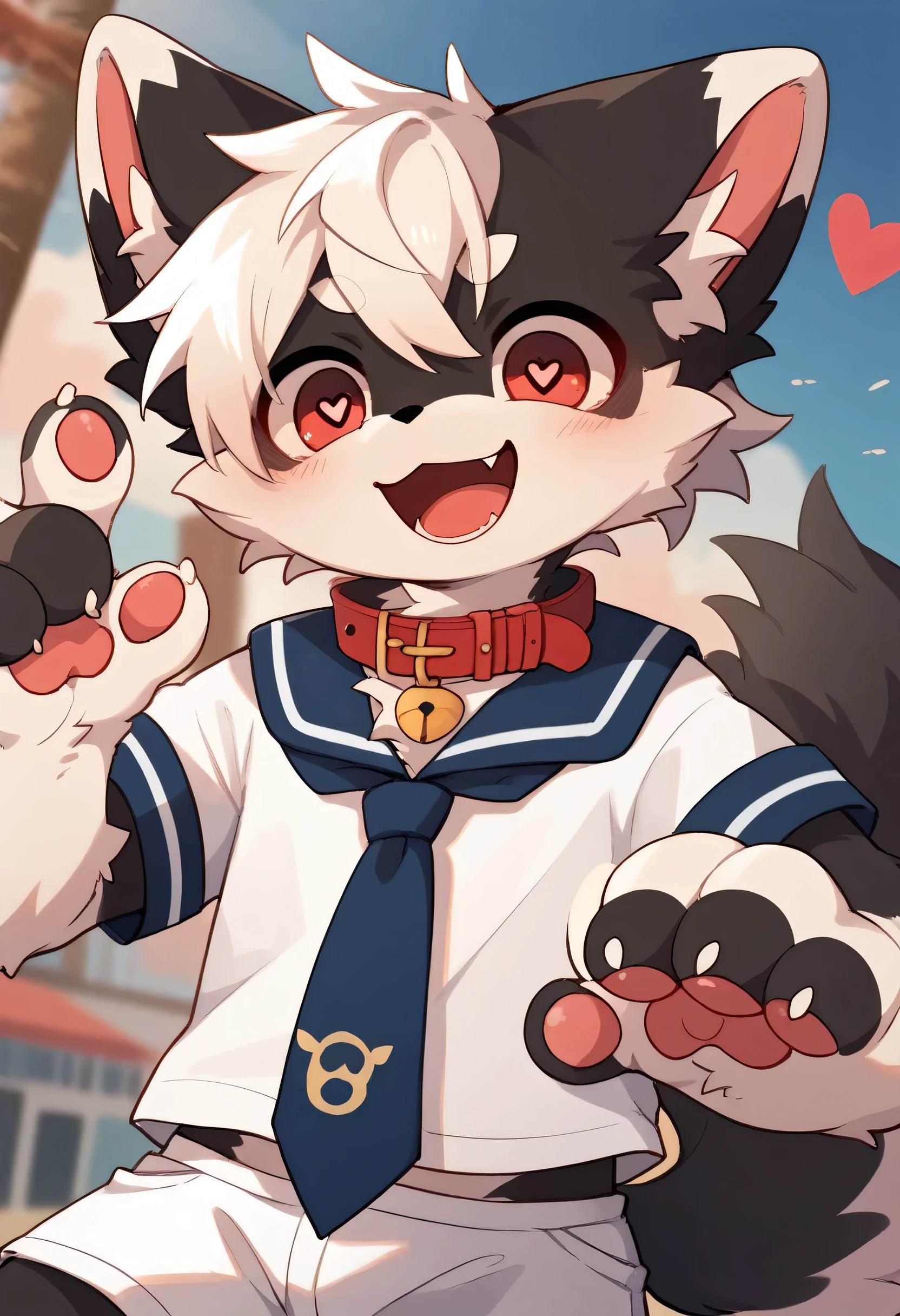  very detailedな, very detailed,white hair with black and white fur,Age 15,male, excited to see bones , wolf fur,Excited,participate, cute face, fluffy fur like one,Horny boy,cute ears ,Fluffy Ears ,Fluffy Ears ,Show me a paw ,Red collar, in front of everyone,Tie the husband's , cute fur boy , boy, heart eyes,Horny boy , black back , blush nose ,Alone,Droopy ears, white shorts ,Blue Sailor Suit