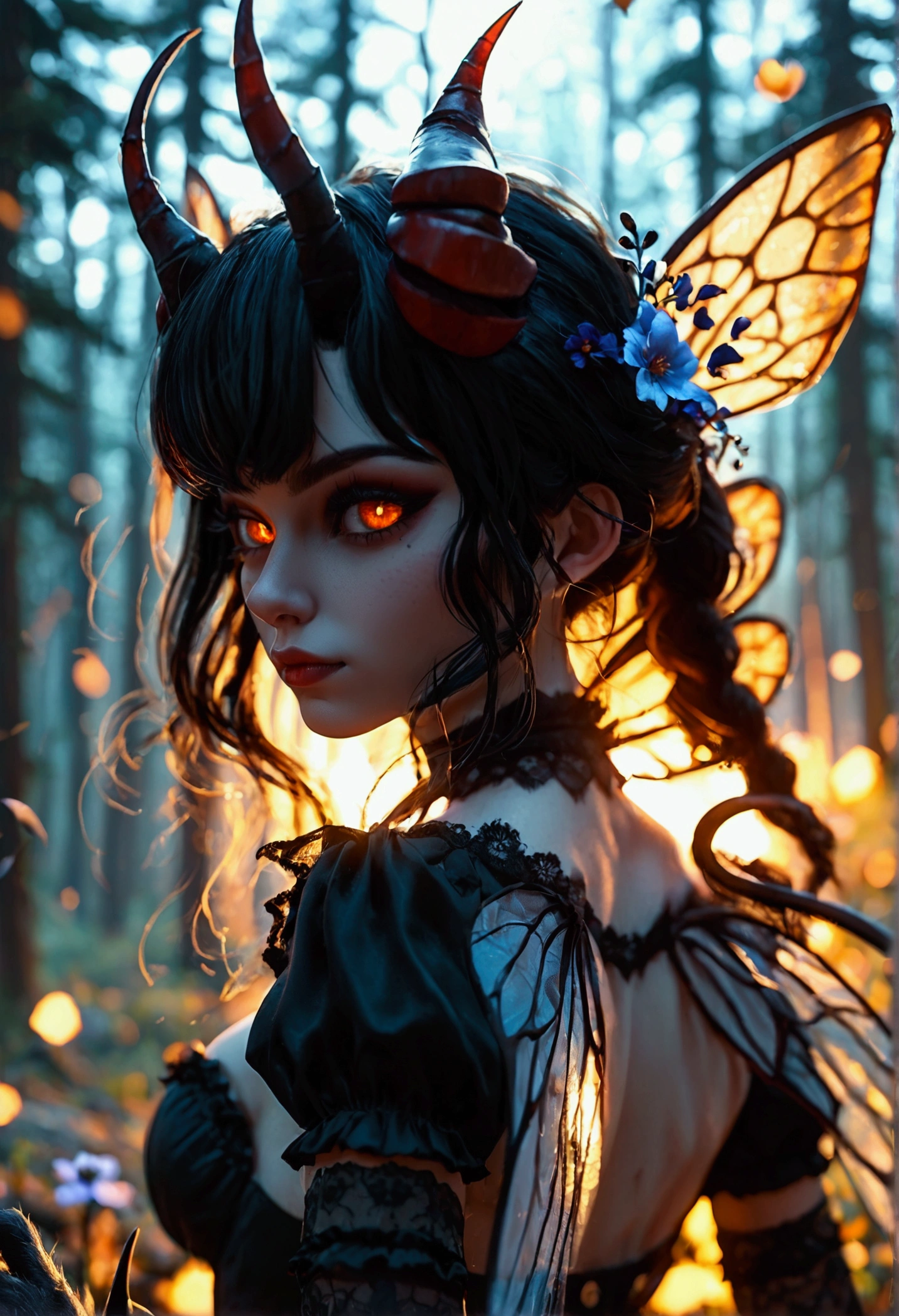 Dark night,(Bee girl) (1girl)(gothic bee)(demon horns)(demon tail)(dark insect wings)(back view)(dark night)(dark forest)(flying on dark fantasy forest)(glowing flowers)(wide view)(perfect hand)(expressive eyes)(perfect face)((Masterpiece))((best quality))(Score_9, score_8, score_7_up)(8k)(anatomy correct)(perfect anatomy)(ultra details)paws and claws, gothic makima, black hair  gothic woman, dragon eyes, demon tail, demon horns, dark street, dark forest, running with paws and claws monster, paws and claws street background